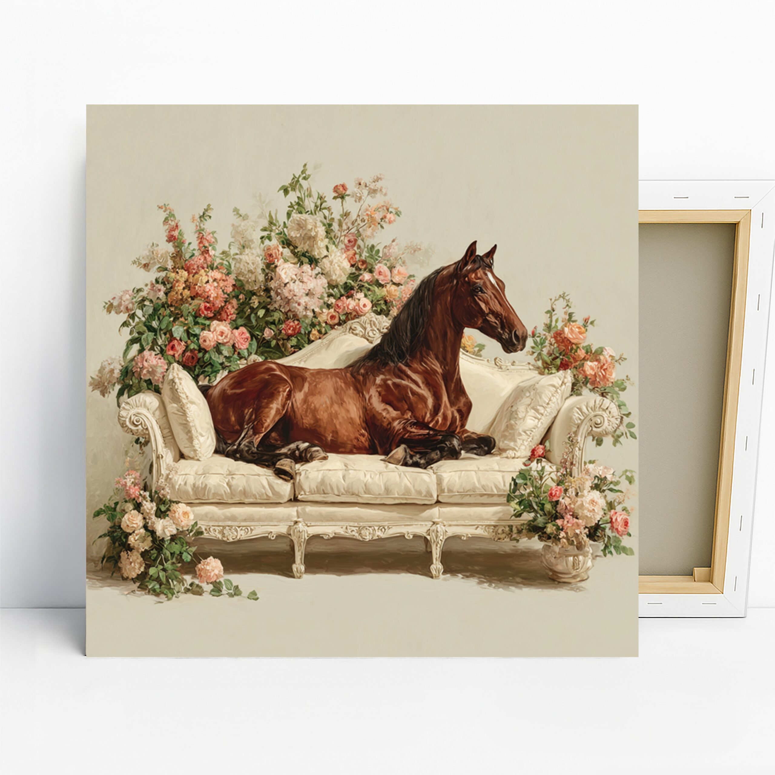 Horse Floral Art, Canvas or Poster, Classic Vintage Decor, Living Room Bedroom Office Wall Art, Brown White Pink Green Colors