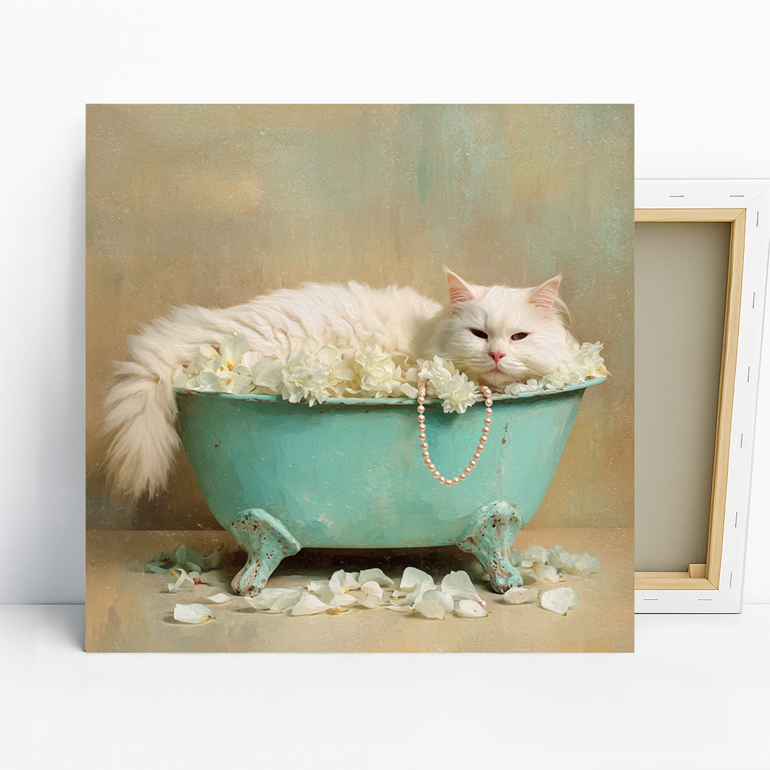 Cat Bath Floral Art, Canvas or Poster, Animal Whimsical Vintage Decor, Bathroom Living Room Nursery Wall Art, White Turquoise Beige Pink