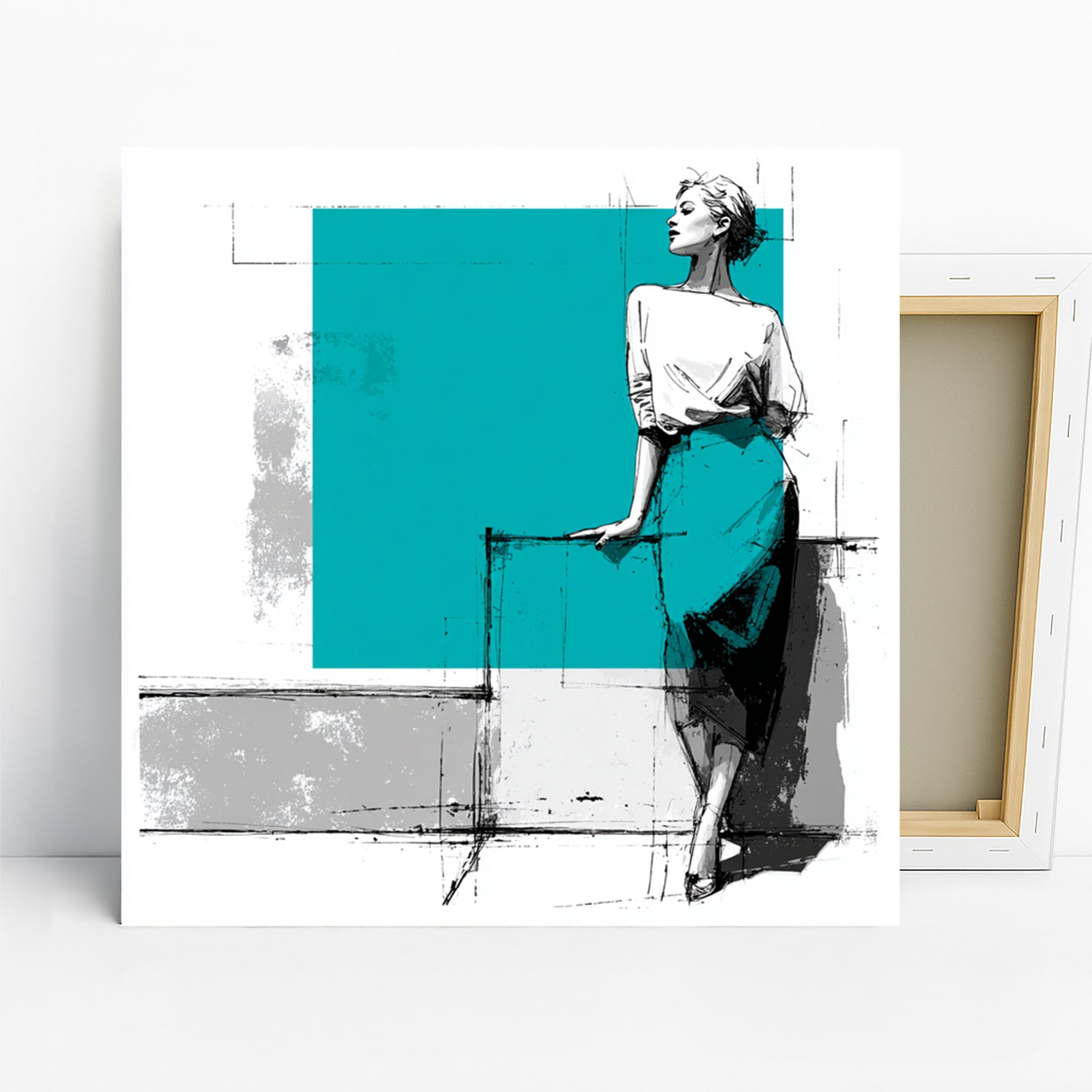 Teal Fashion Sketch Art, Canvas or Poster, Contemporary Minimalist Decor, Bedroom Living Room Office Wall Art, Teal White Black Grey