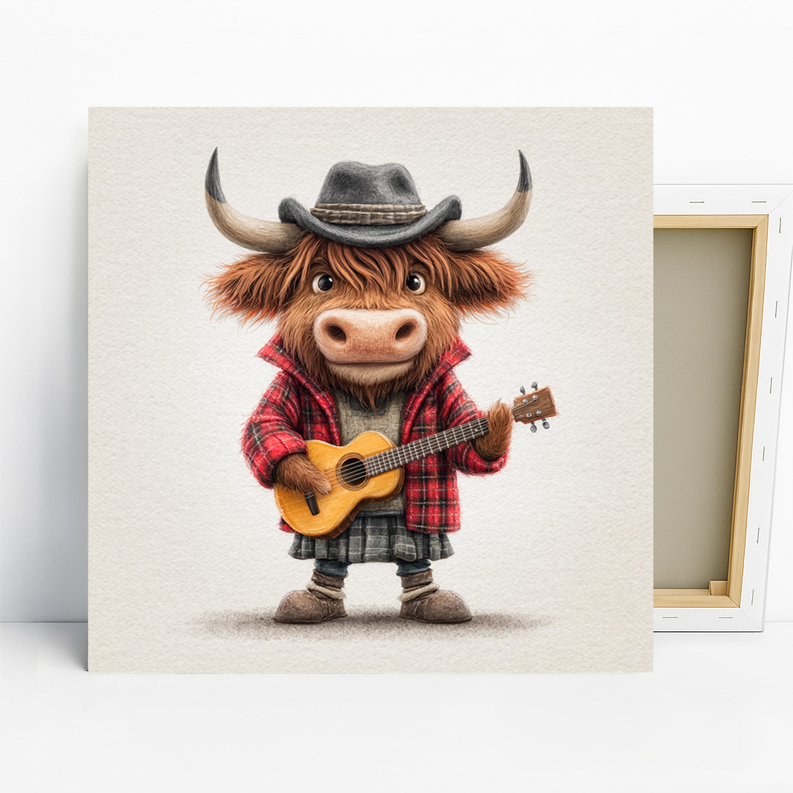 Highland Cow Art, Canvas or Poster, Whimsical Rustic Decor, Living Room Children's Room Game Room Office Wall Art, Brown Red Yellow Grey