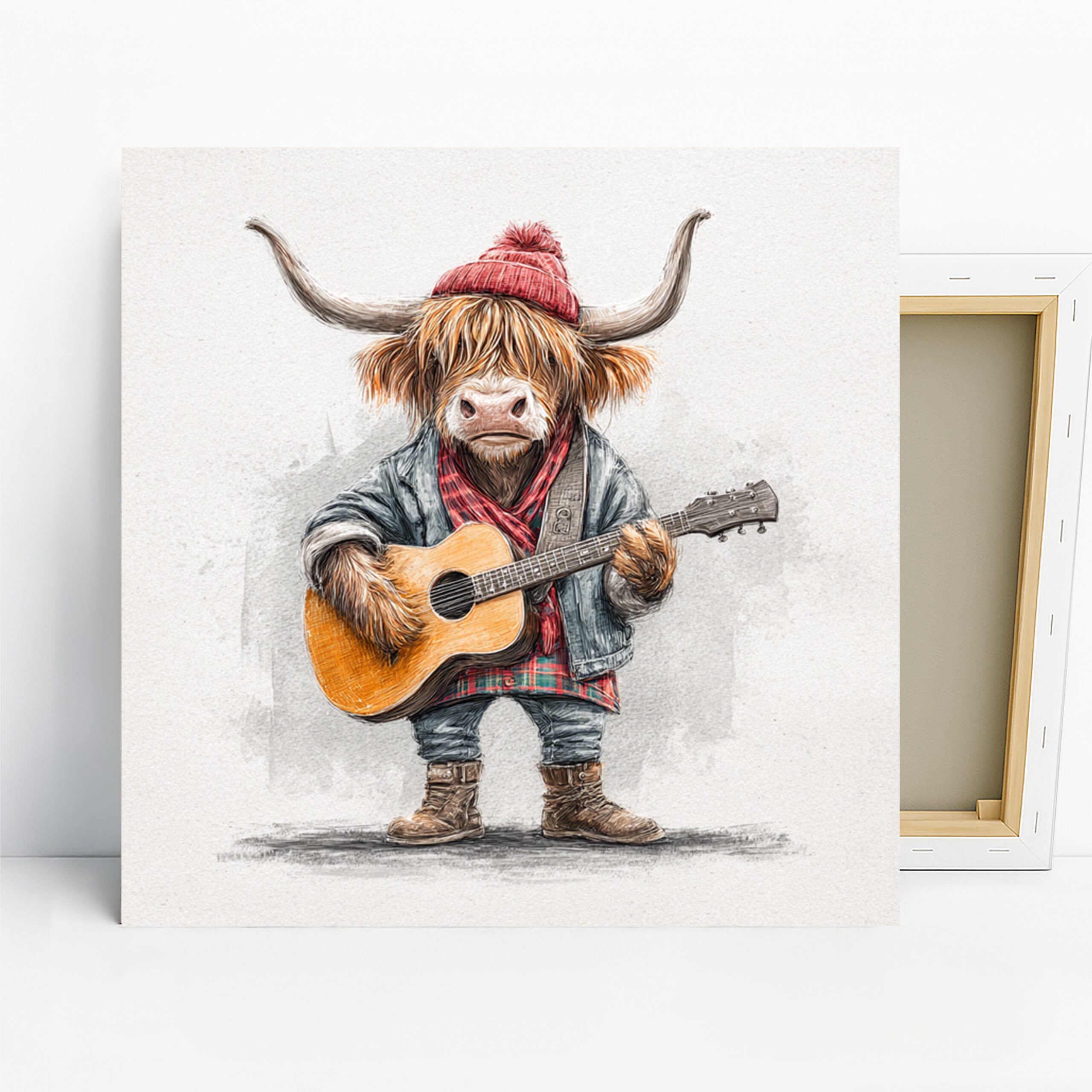 Highland Cow Art, Canvas or Poster, Whimsical Rustic Decor, Living Room Office Game Room Wall Art, Brown Red Blue and Grey