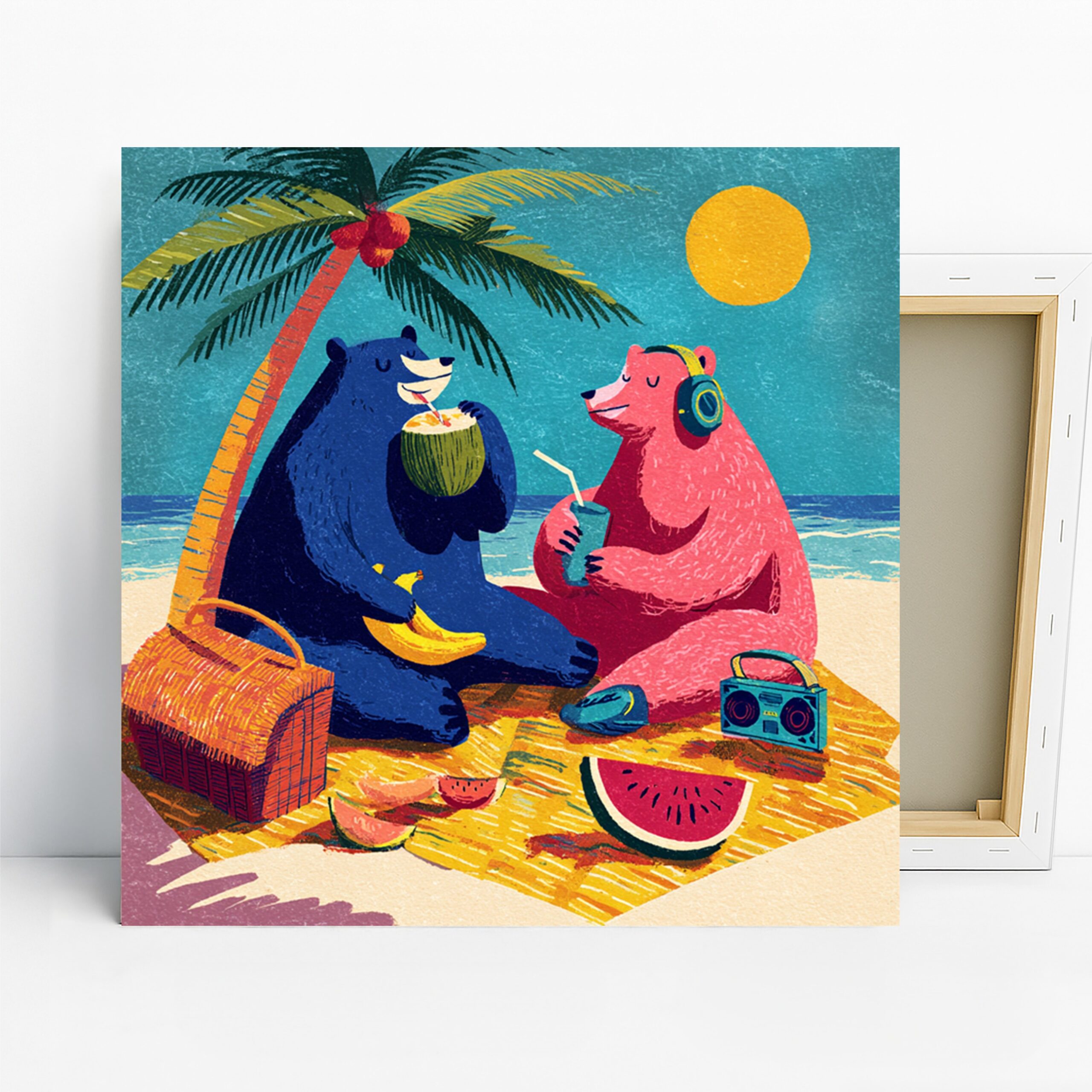 Bear Beach Party Art, Canvas or Poster, Whimsical Coastal Decor, Living Room Beach House Bedroom Wall Art, Blue Pink Yellow Green