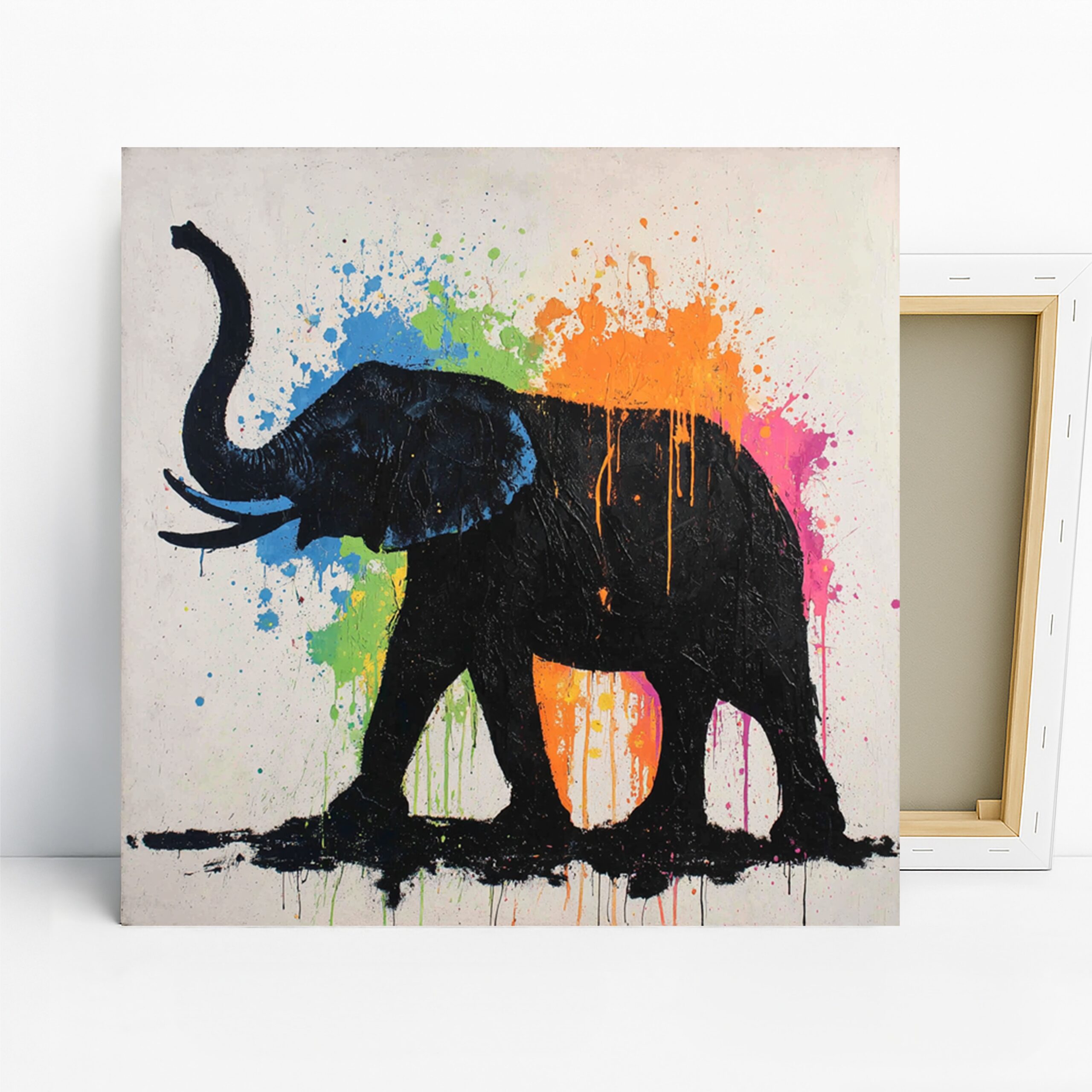 Elephant Art, Canvas or Poster, Contemporary Animal Decor, Living Room Bedroom Office Dining Room Wall Art, Black Orange Blue Green