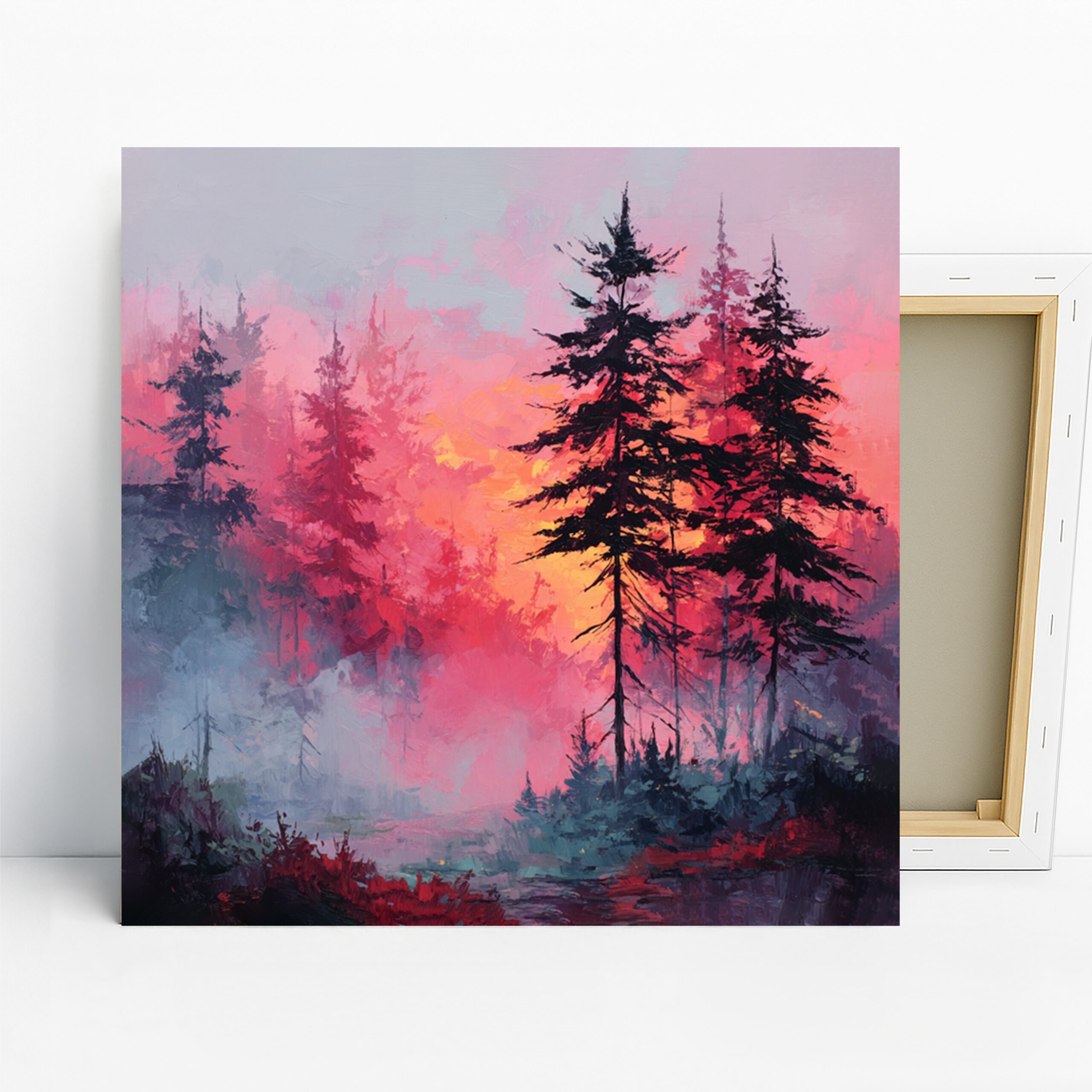 Misty Forest Sunset Art, Canvas or Poster, Nature Contemporary Decor, Living Room Bedroom Office Wall Art, Pink Red Blue and Black