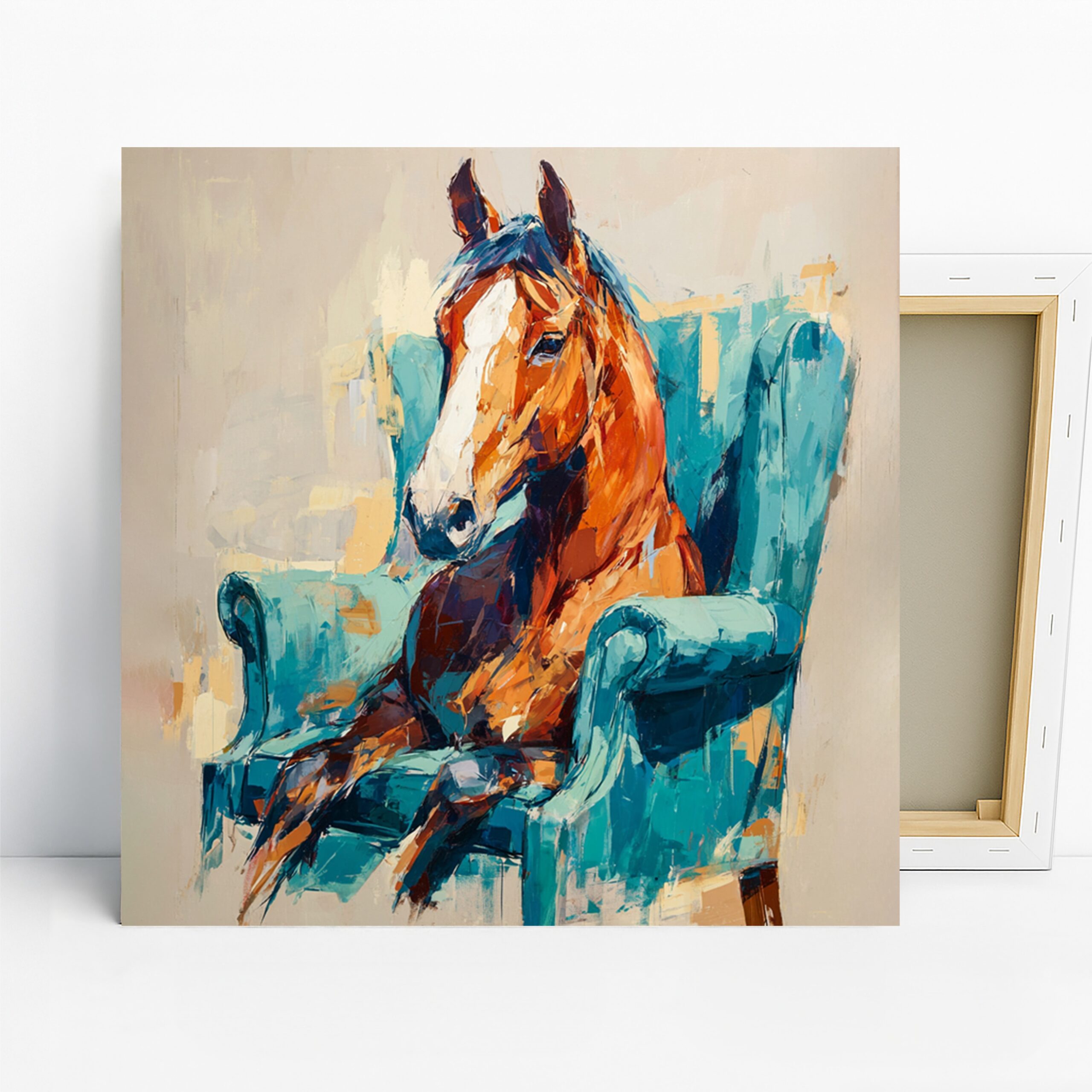 Horse in Armchair Art, Canvas or Poster, Contemporary Whimsical Decor, Living Room Office Bedroom Dining Room Wall Art, Orange Teal Brown 