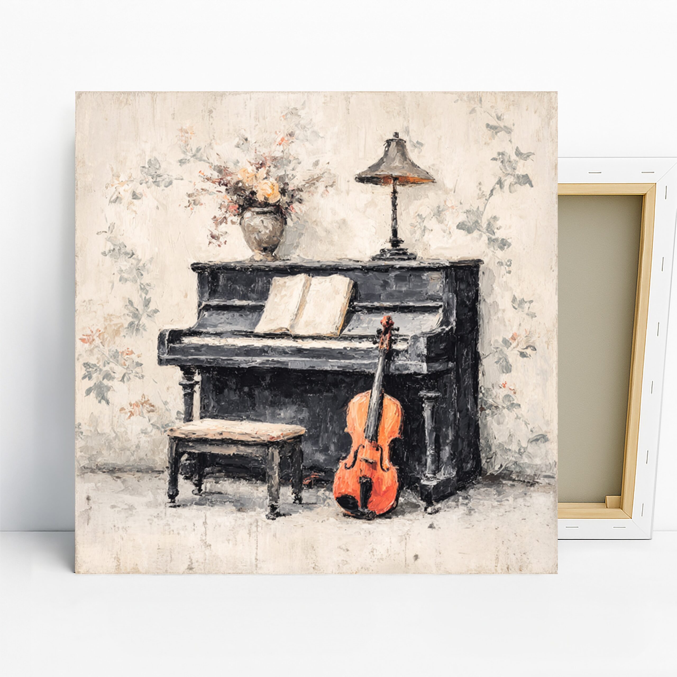Piano and Violin Harmony Art, Canvas or Poster, Vintage Rustic Decor, Living Room Music Room Study Dining Room Wall Art, Black Orange White