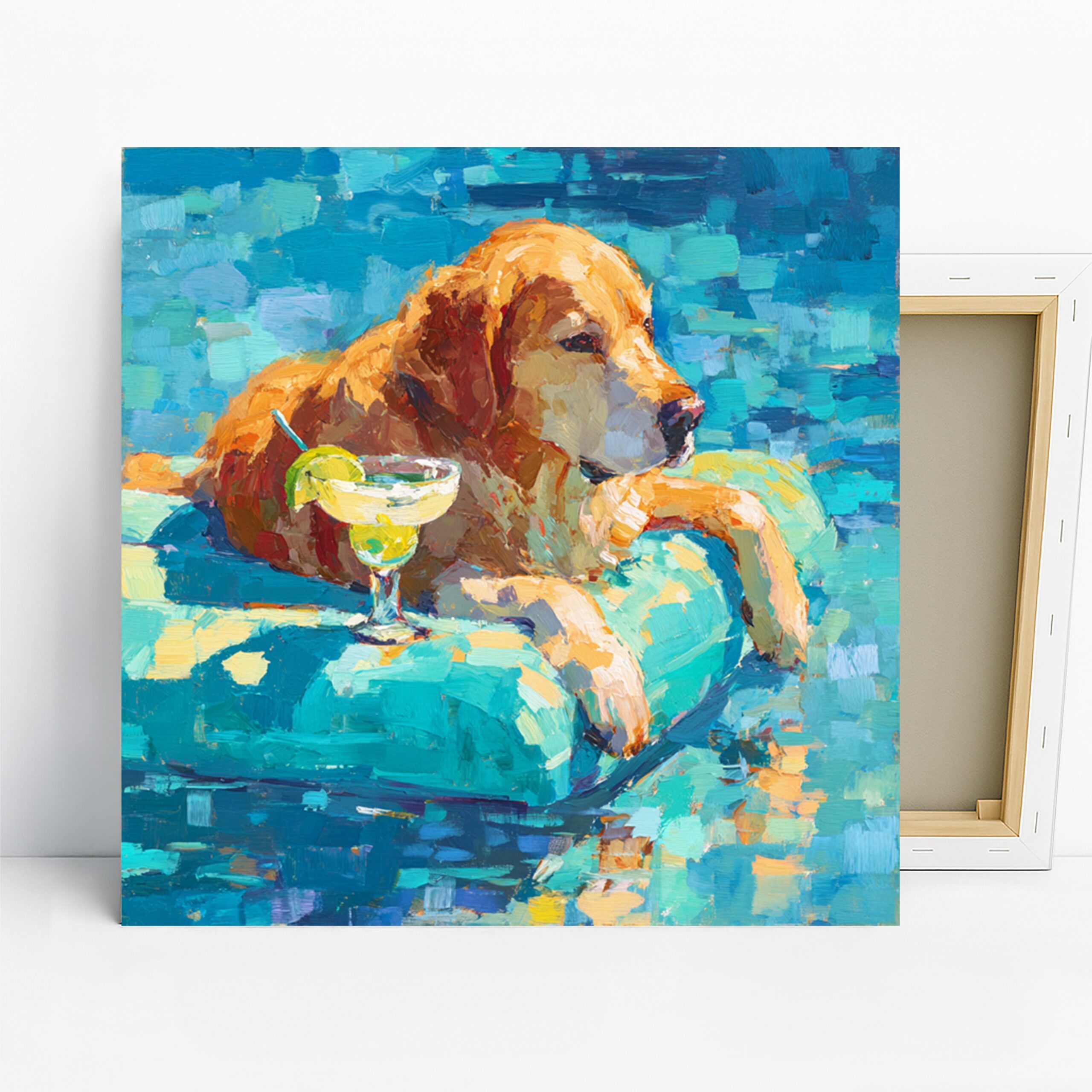 Golden Retriever Art, Canvas or Poster, Contemporary Whimsical Decor, Living Room Bedroom Sunroom Wall Art, Blue Orange Yellow Turquoise