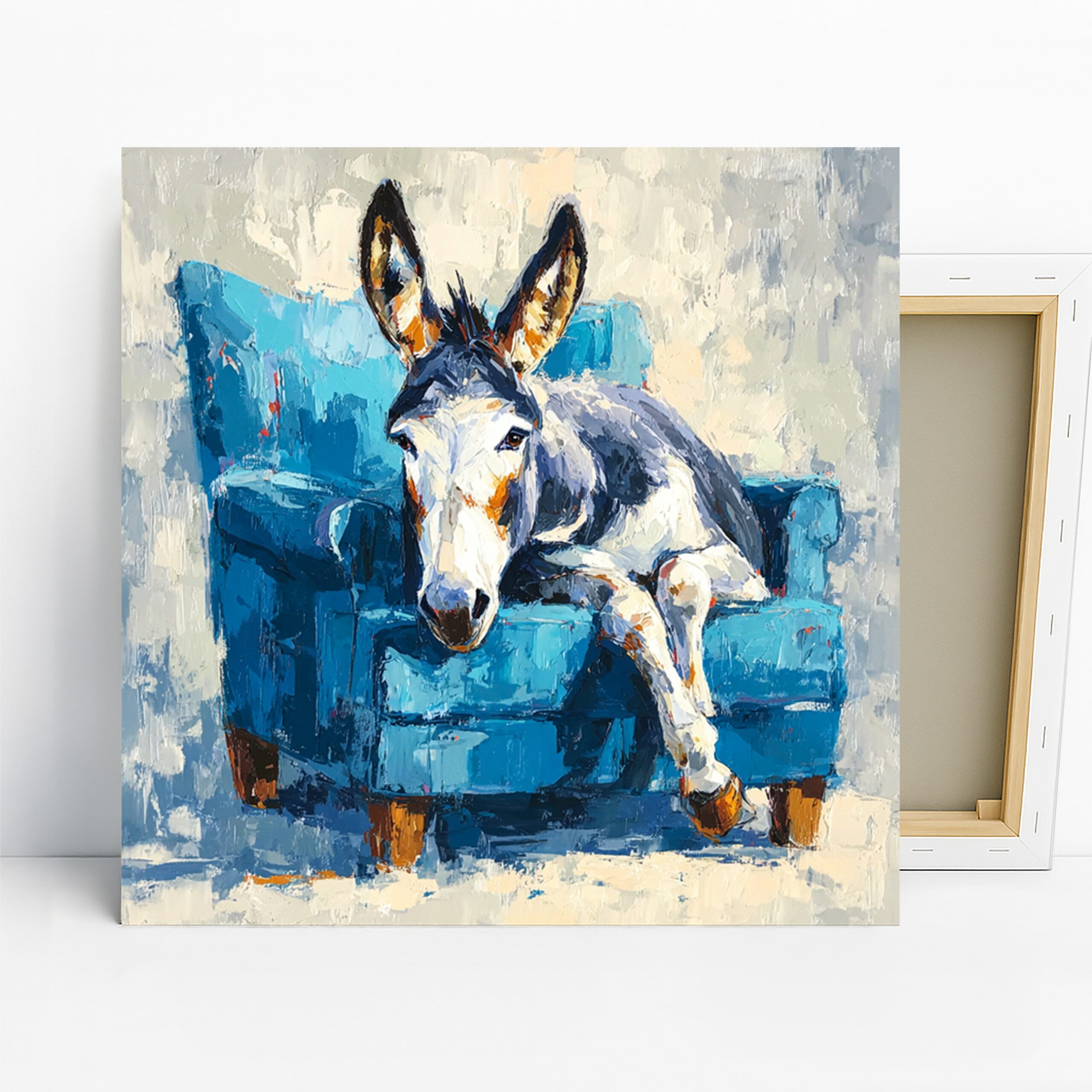 Donkey Art, Canvas or Poster, Contemporary Whimsical Decor, Living Room Office Bedroom Children’s Room Wall Art, Blue Gray White Brown