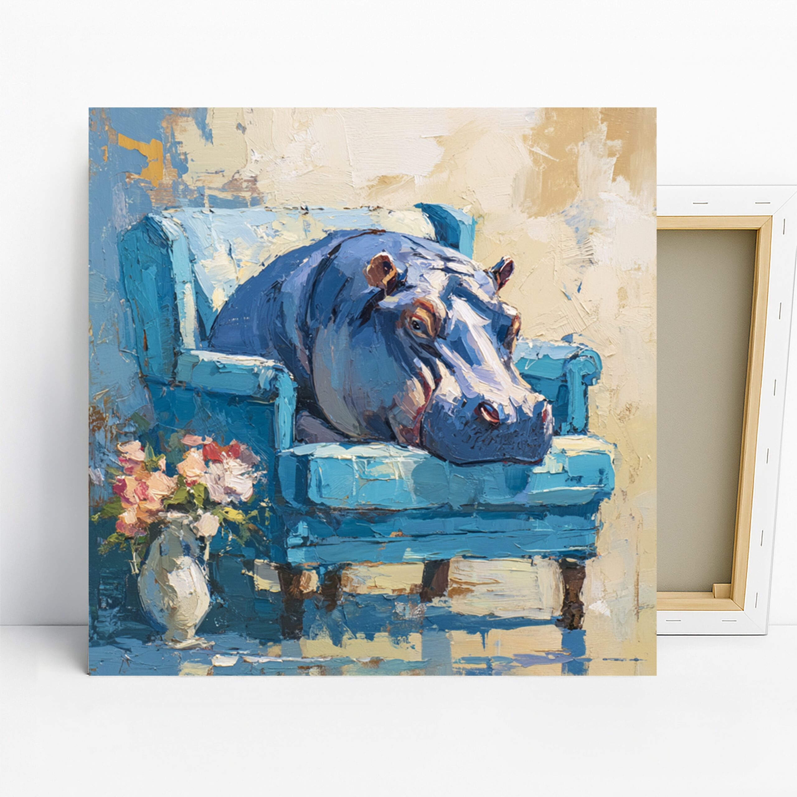Hippo Sofa Art, Canvas or Poster, Whimsical Contemporary Decor, Living Room Office Bedroom Children’s Room Wall Art, Blue Pink White