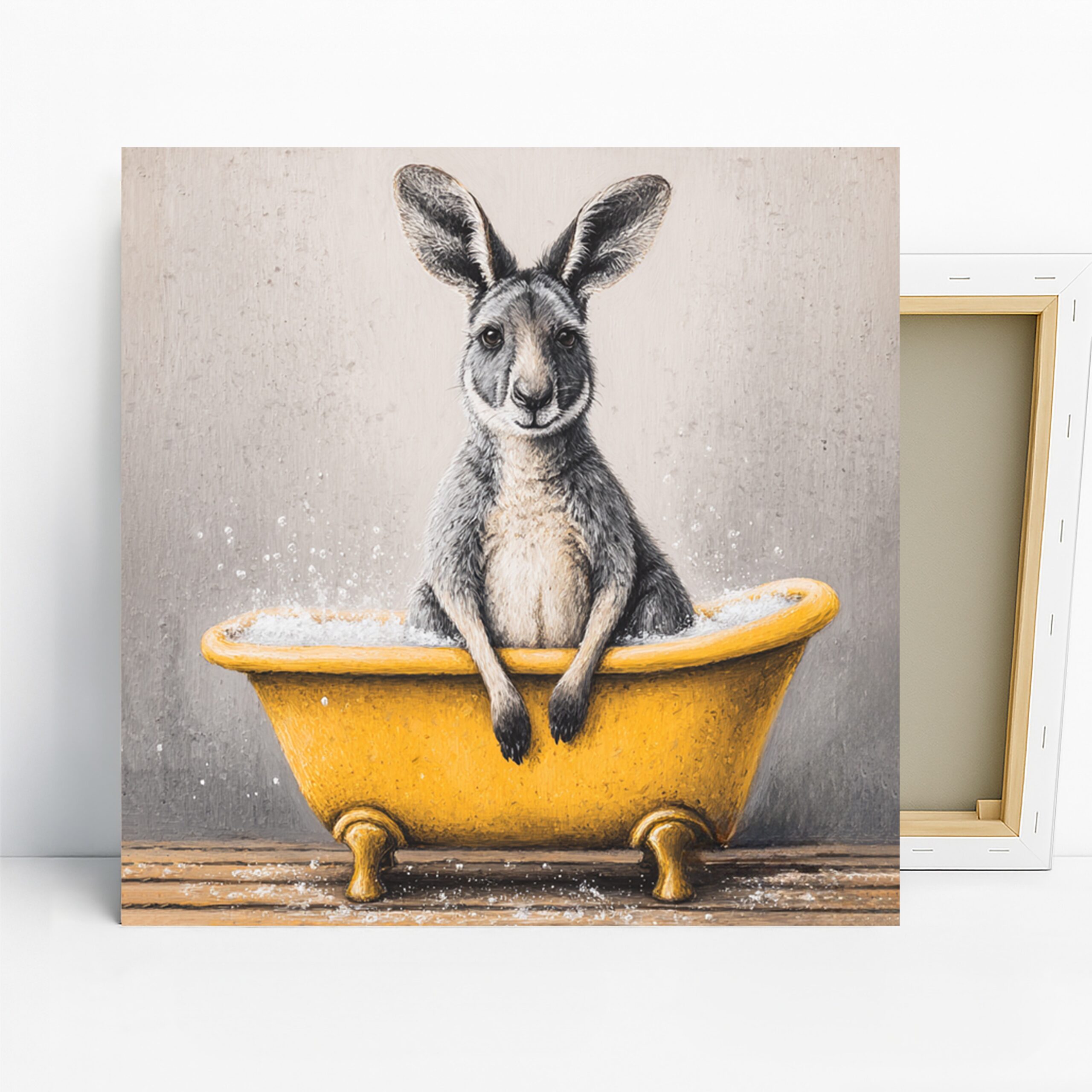 Kangaroo Bath Time Art, Canvas or Poster, Contemporary Whimsical Decor, Bathroom Children's Room Wall Art, Yellow Grey White and Brown