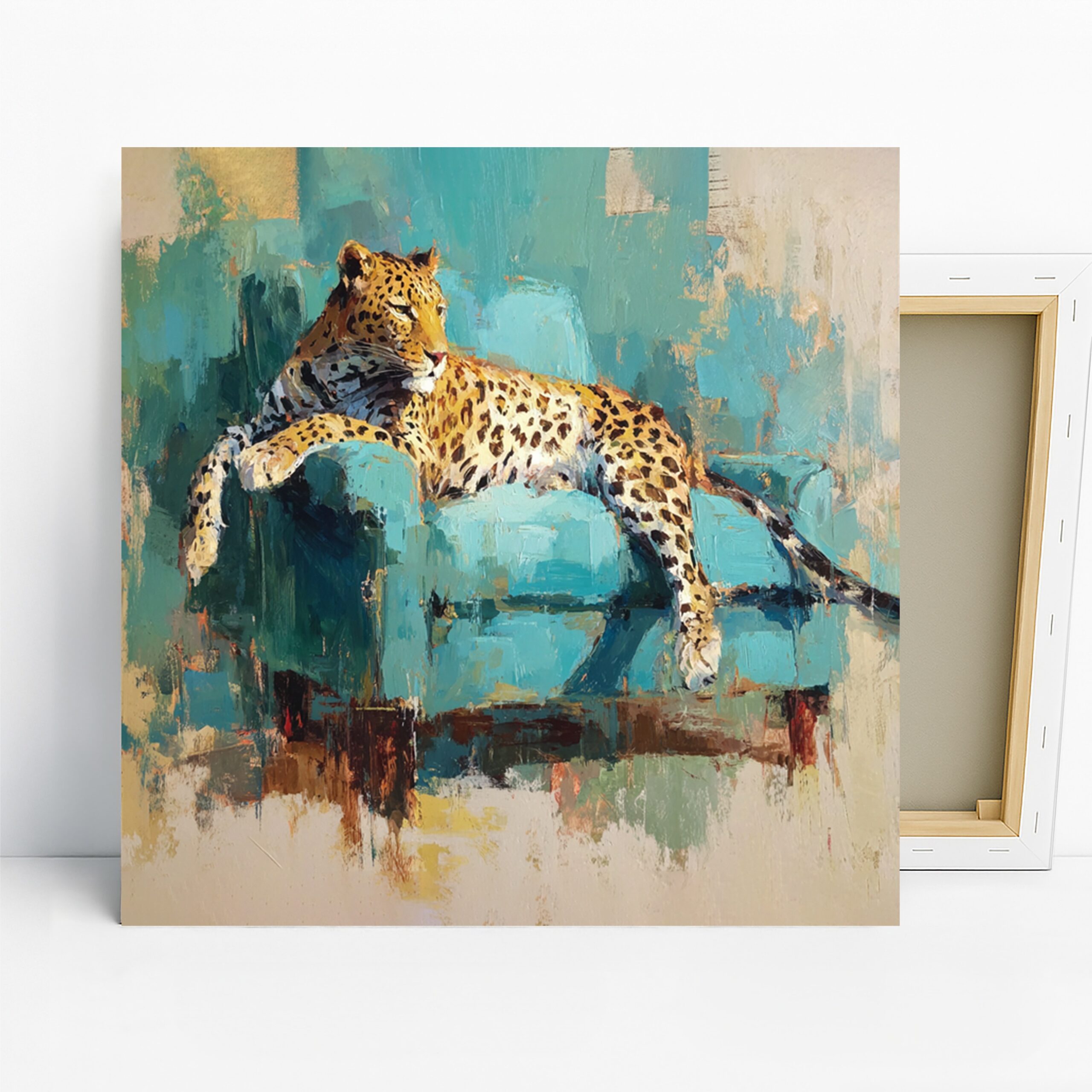 Leopard Art, Canvas or Poster, Animal Contemporary Decor, Living Room Bedroom Office Game Room Wall Art, Turquoise Yellow Brown and White