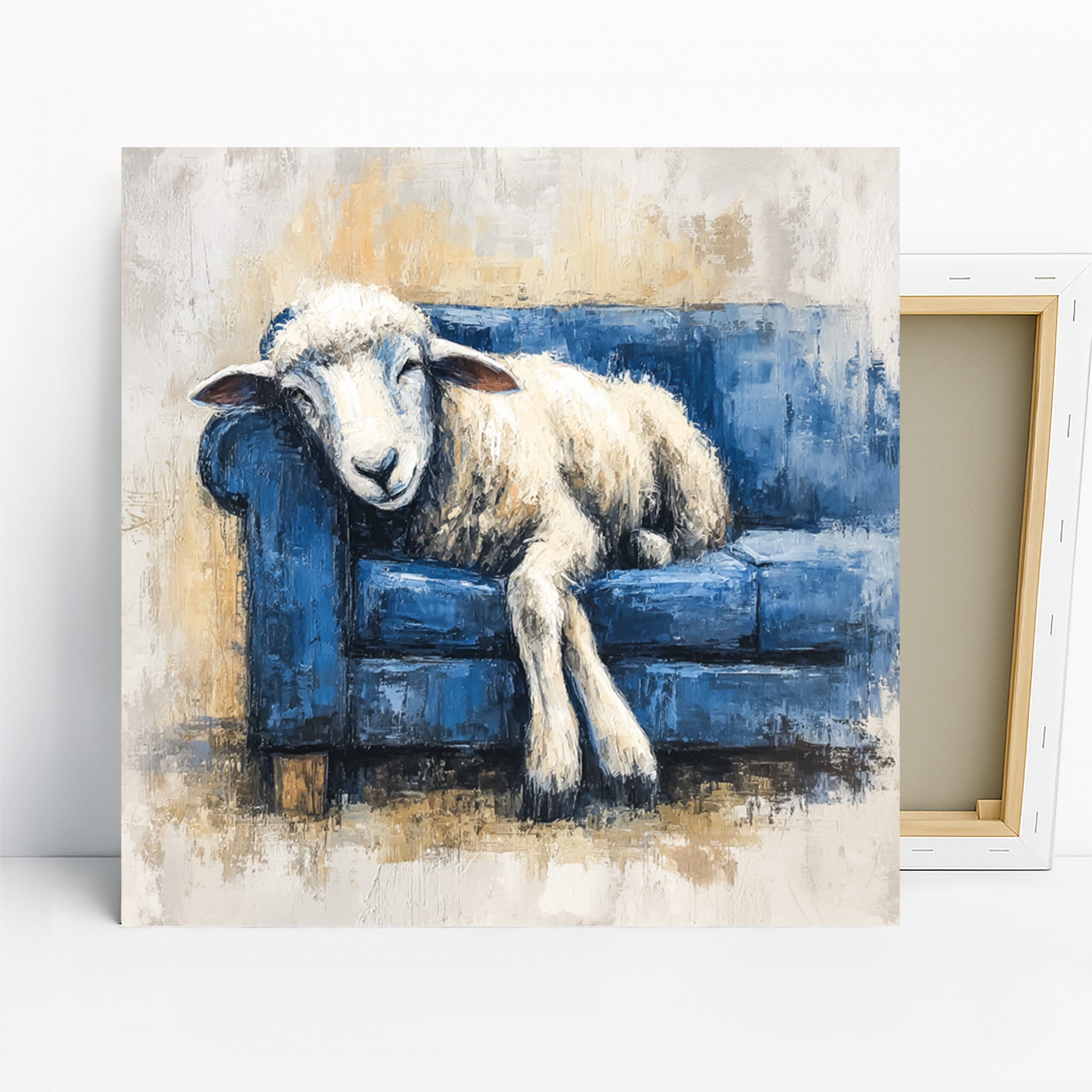Sheep Art, Canvas or Poster, Whimsical Farmhouse Decor, Living Room Bedroom Office Dining Room Wall Art, Blue White Beige Gray