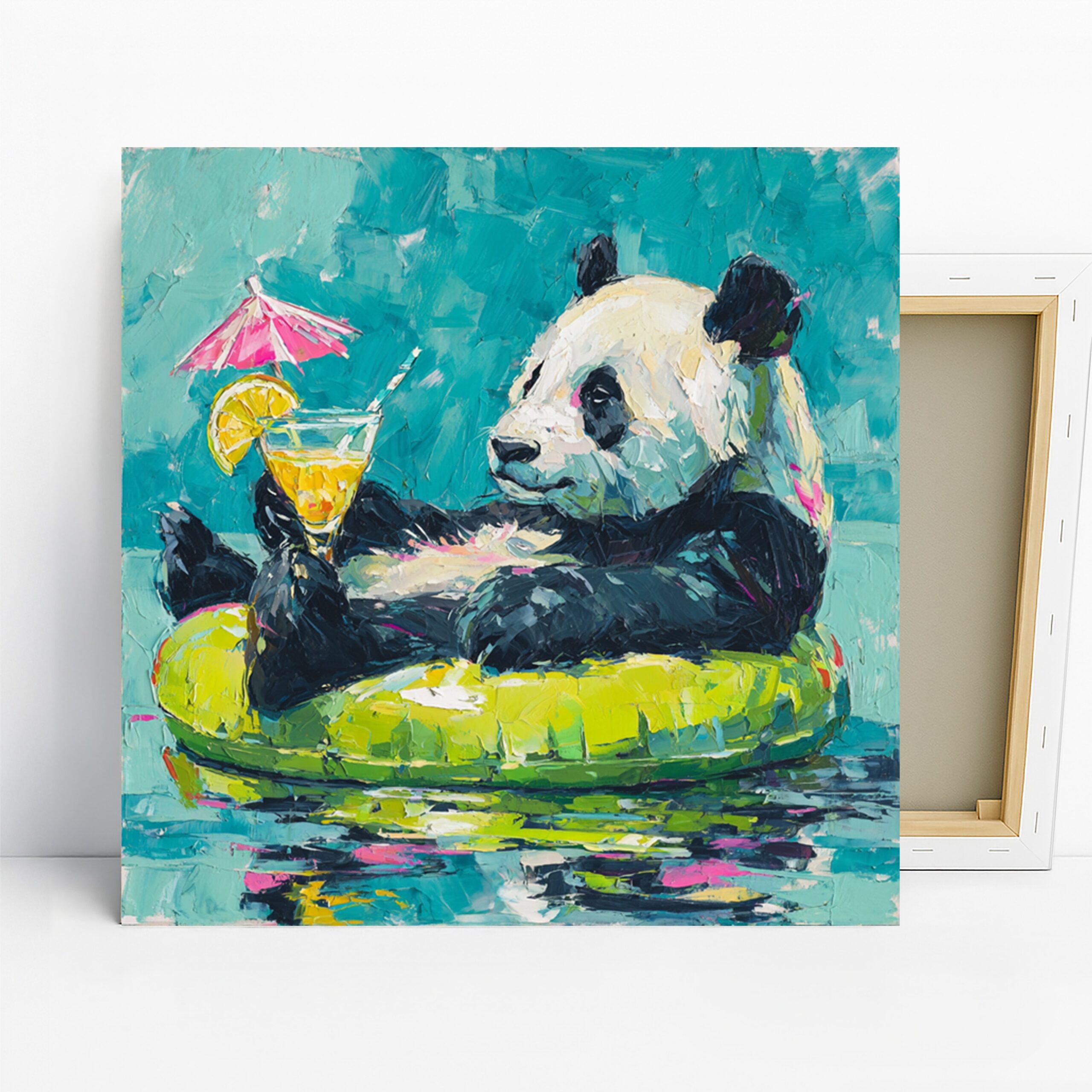 Panda Cocktail Art, Canvas or Poster, Whimsical Contemporary Decor, Living Room Bedroom Home Bar Wall Art, Turquoise Yellow Black White