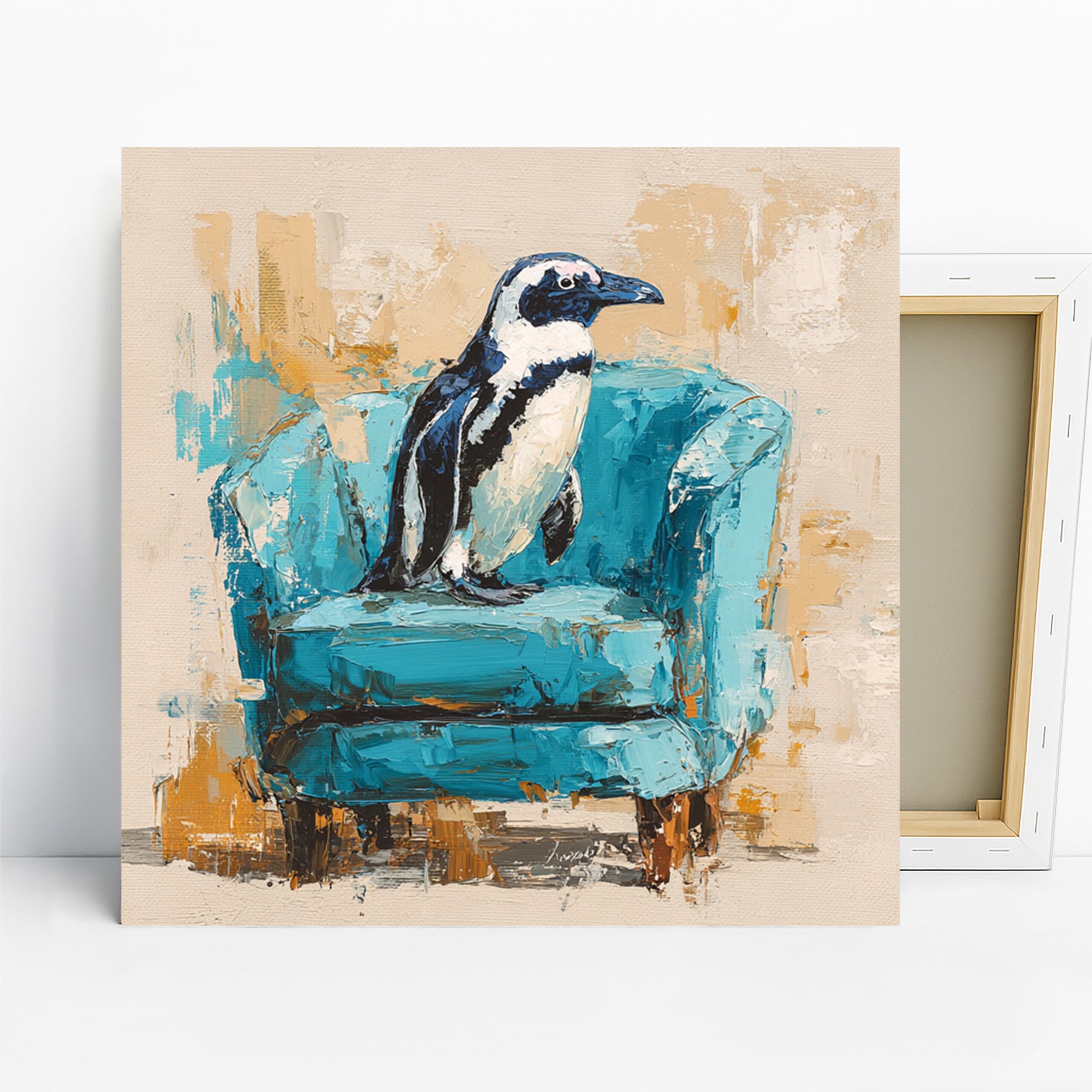 Penguin Art, Canvas or Poster, Contemporary Coastal Minimalist Decor, Living Room Bedroom Office Bathroom Wall Art, Blue White Black Beige