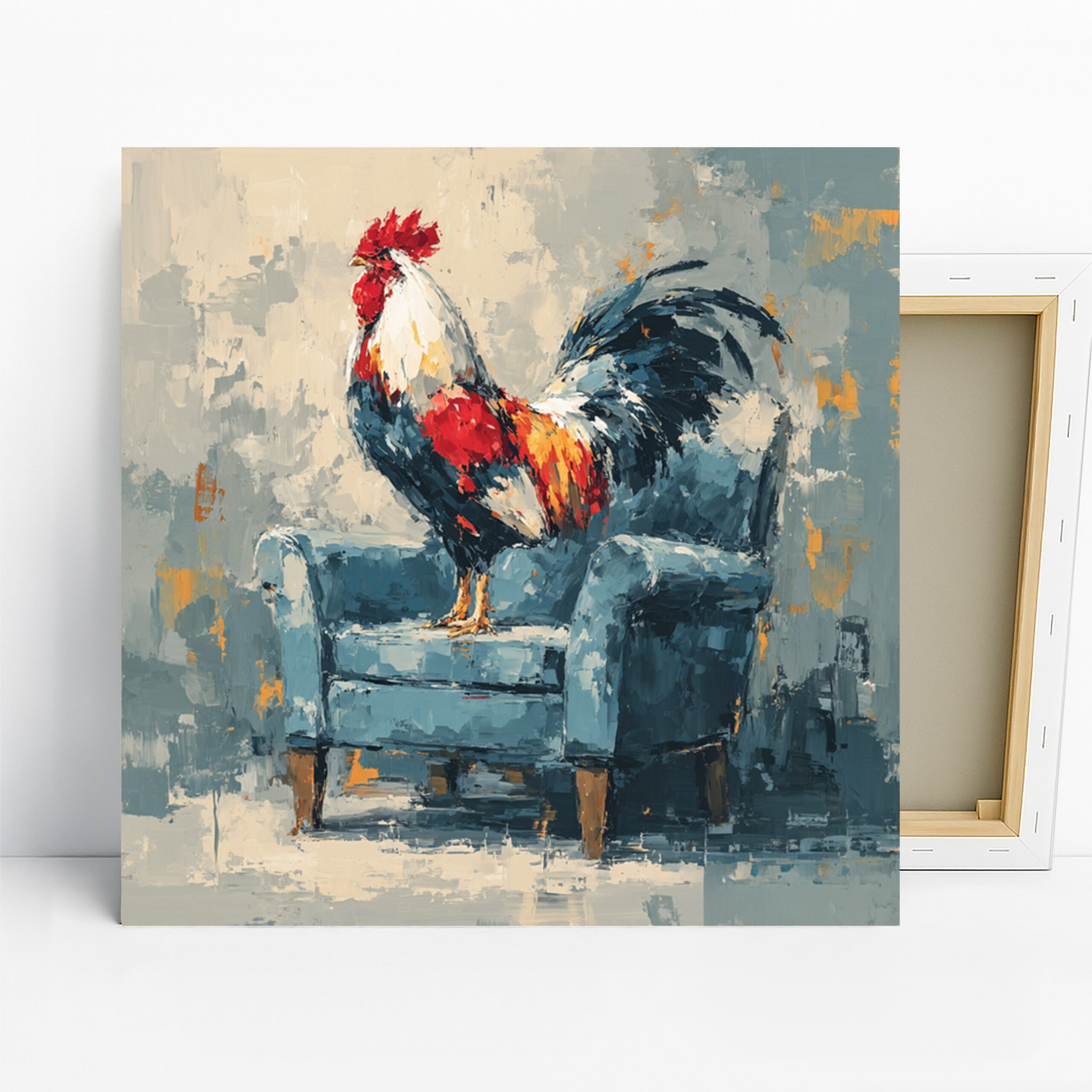 Rooster Art, Canvas or Poster, Whimsical Modern Farmhouse Decor, Living Room Kitchen Dining Room Wall Art, Red Blue White Orange