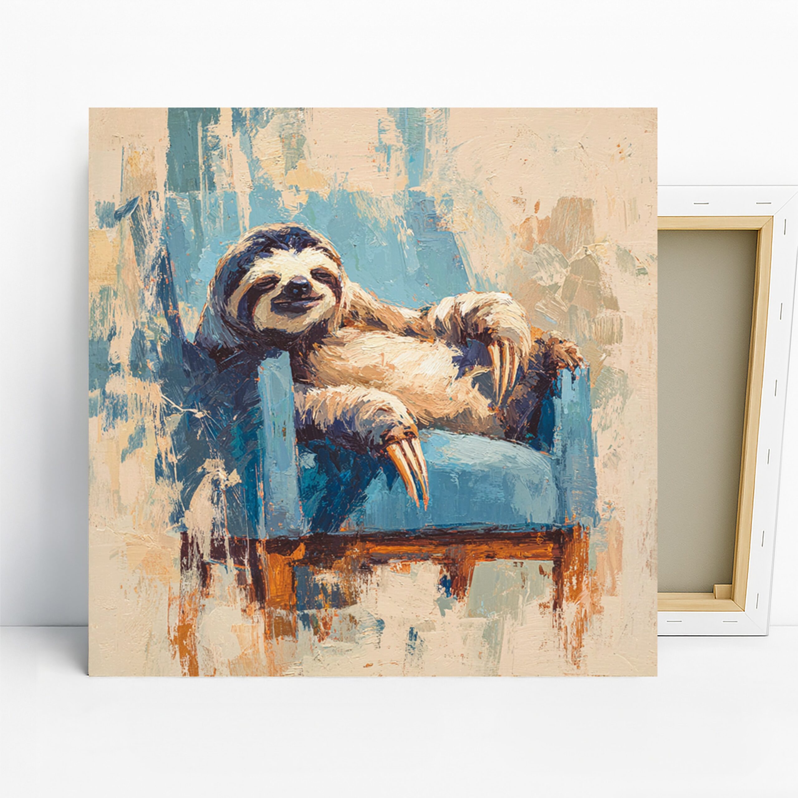 Sloth Art, Canvas or Poster, Whimsical Contemporary Decor, Living Room Bedroom Children’s Room Wall Art, Blue Beige Brown, Animal Lover Gift