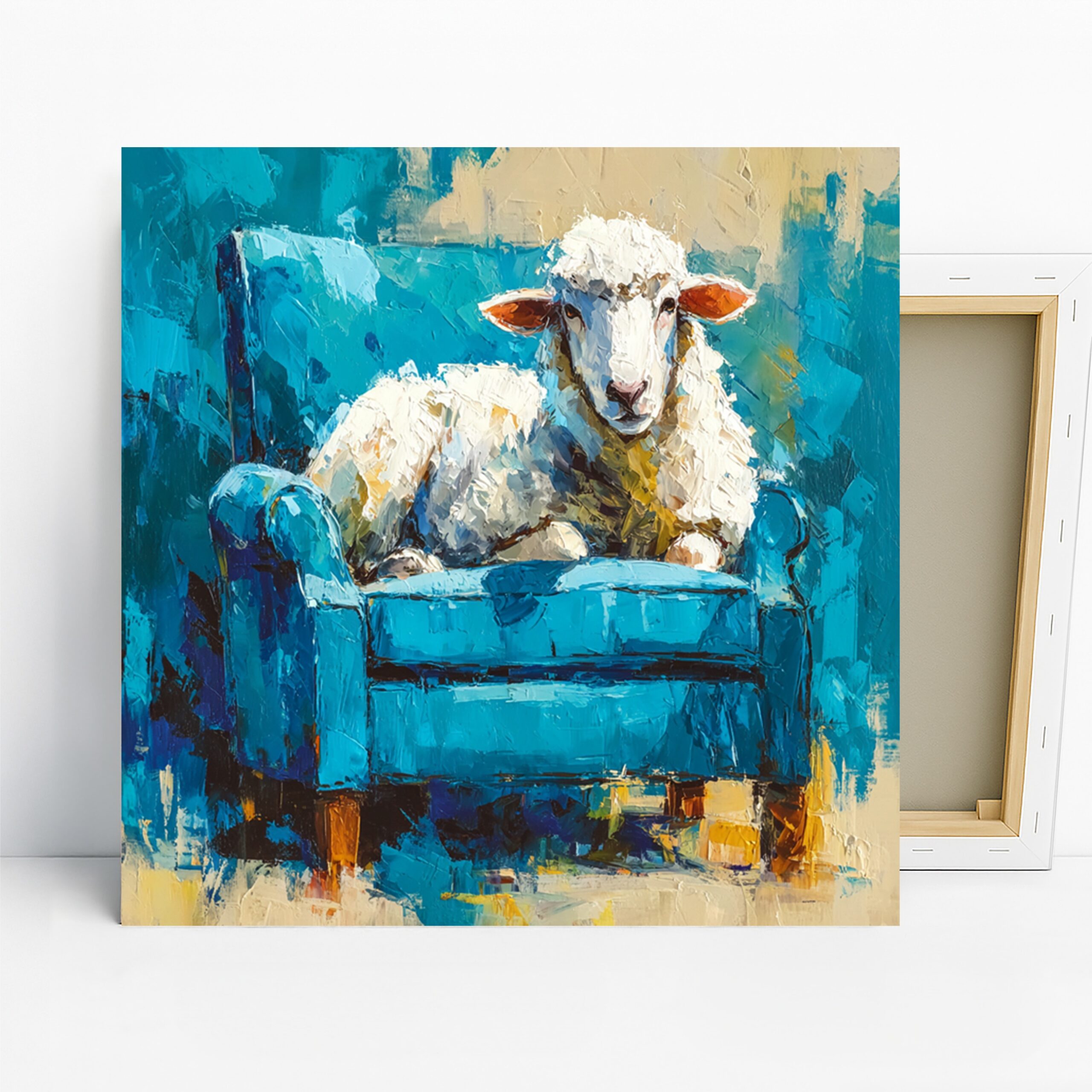 Sheep on Sofa Art, Canvas or Poster, Whimsical Modern Rustic Decor, Living Room Bedroom Office Wall Art, Blue White Turquoise Yellow