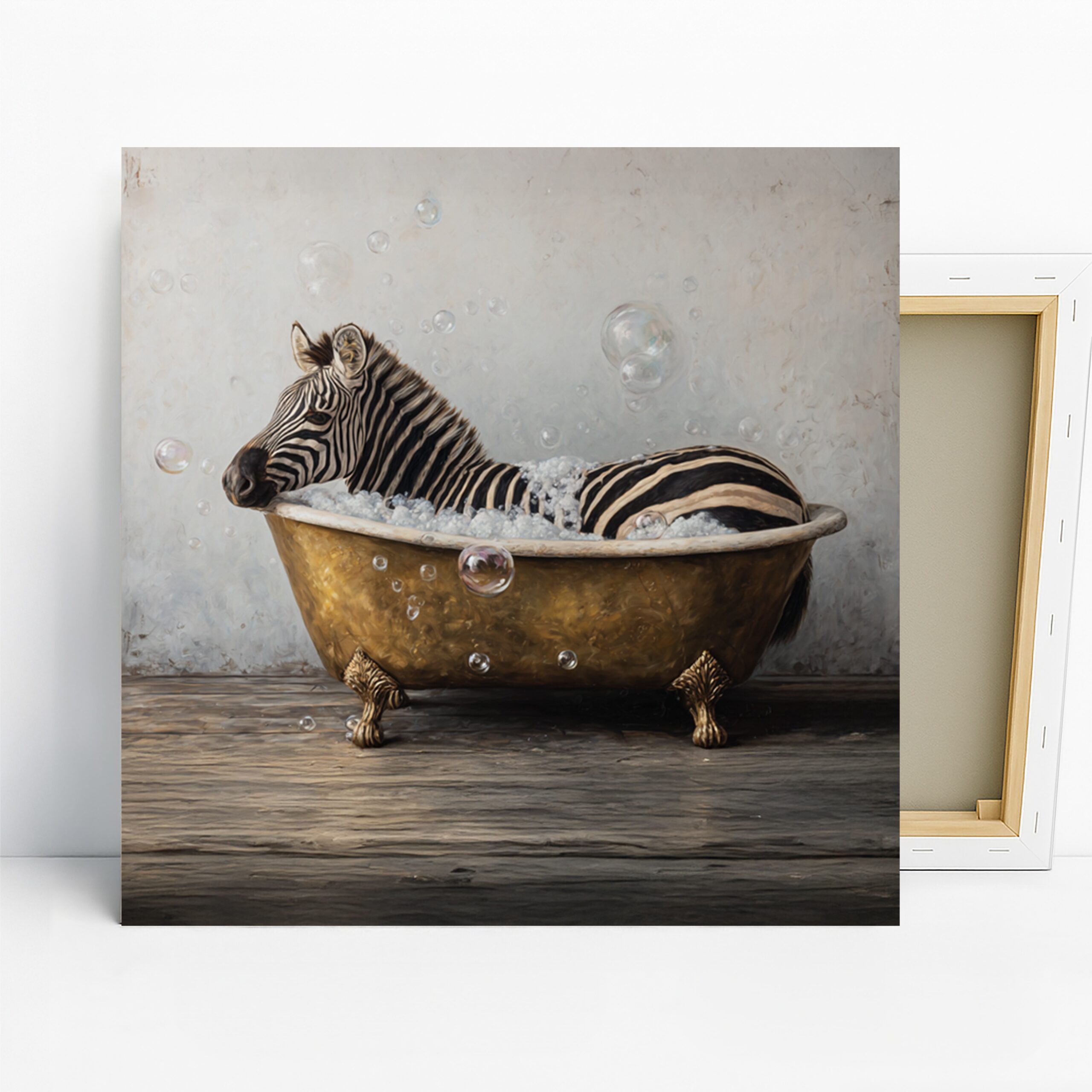 Zebra Bath Time Art, Canvas or Poster, Whimsical Contemporary Decor, Bathroom Bedroom Living Room Office Wall Art, Black White Gold Brown