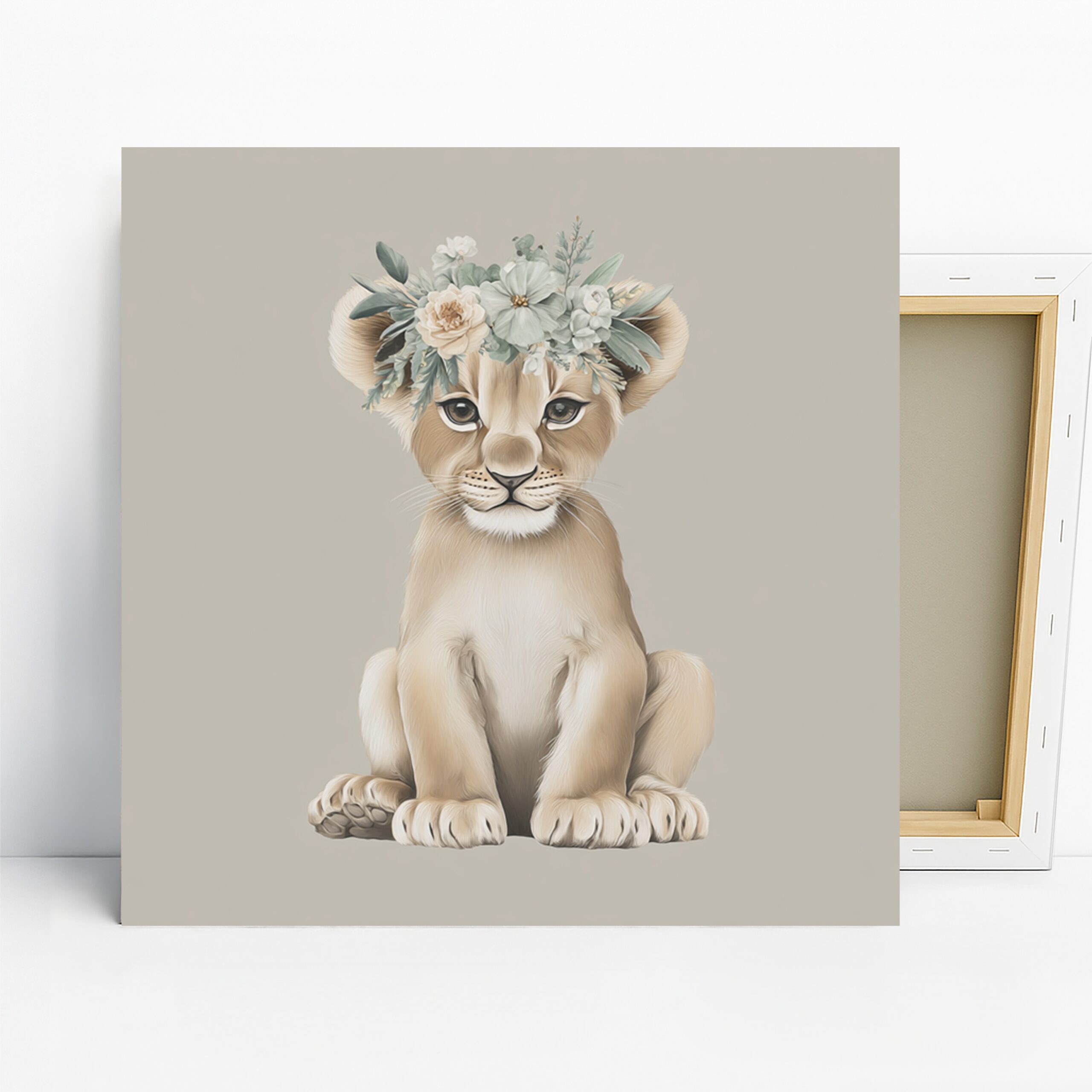 Lion Cub Flower Crown Art, Canvas or Poster, Whimsical Bohemian Decor, Nursery Children’s Room Living Room Wall Art, Beige Green Pink
