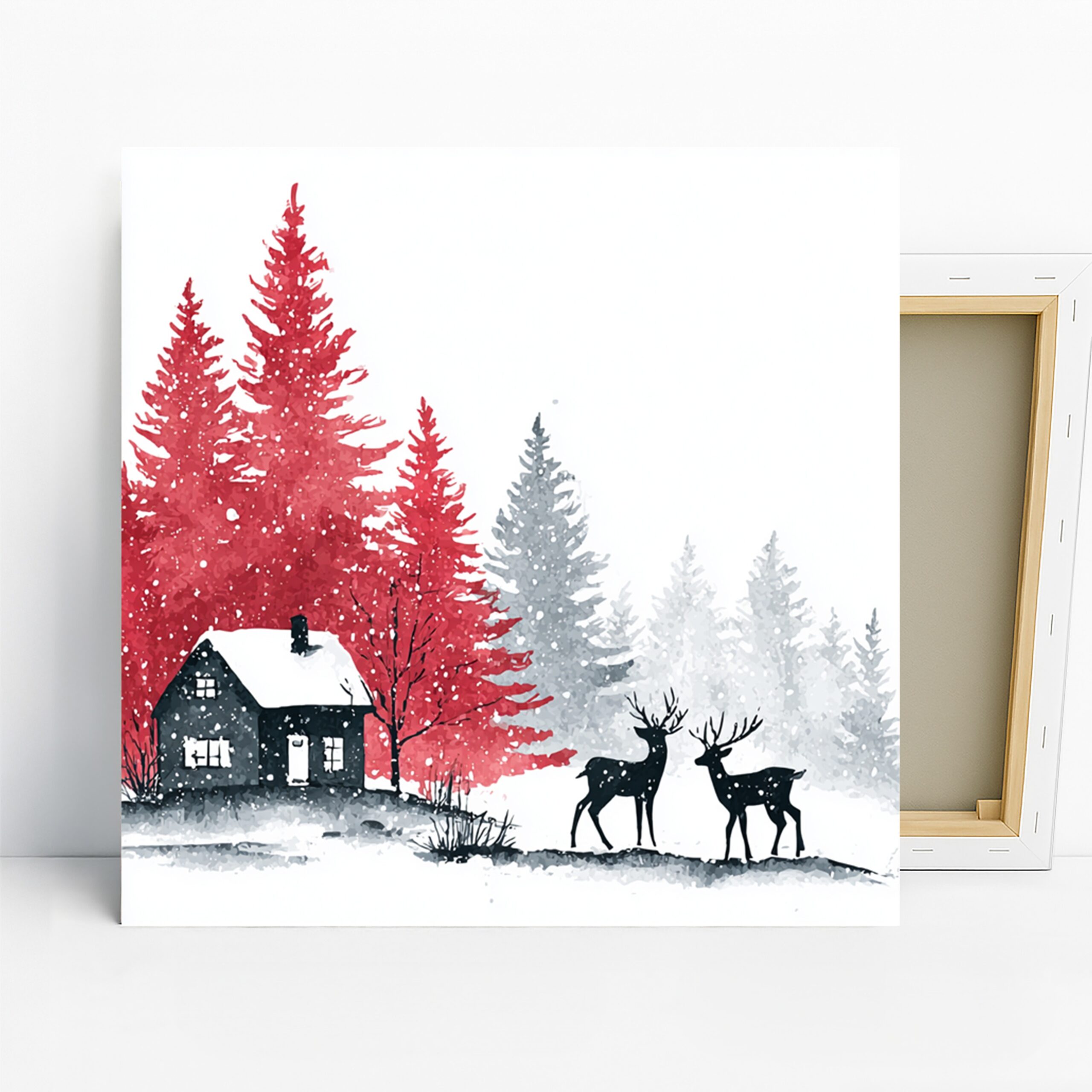 Deer Art, Canvas or Poster, Whimsical Rustic Scandinavian Decor, Living Room Bedroom Dining Room Office Wall Art, Red White Grey