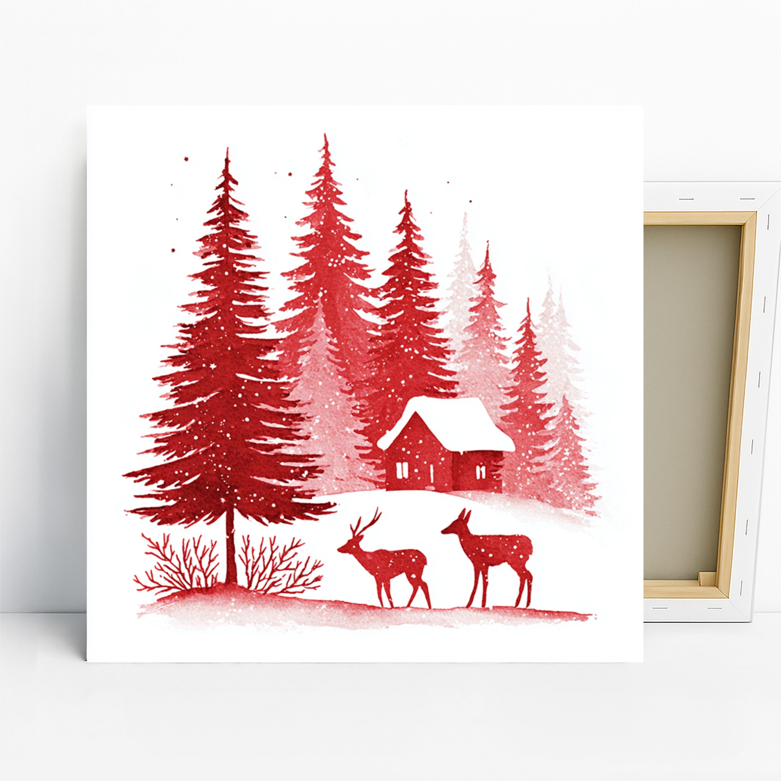 Deer Art, Canvas or Poster, Nature Rustic Decor, Living Room Bedroom Dining Room Wall Art, Red and White, Vintage Whimsical Wall Art