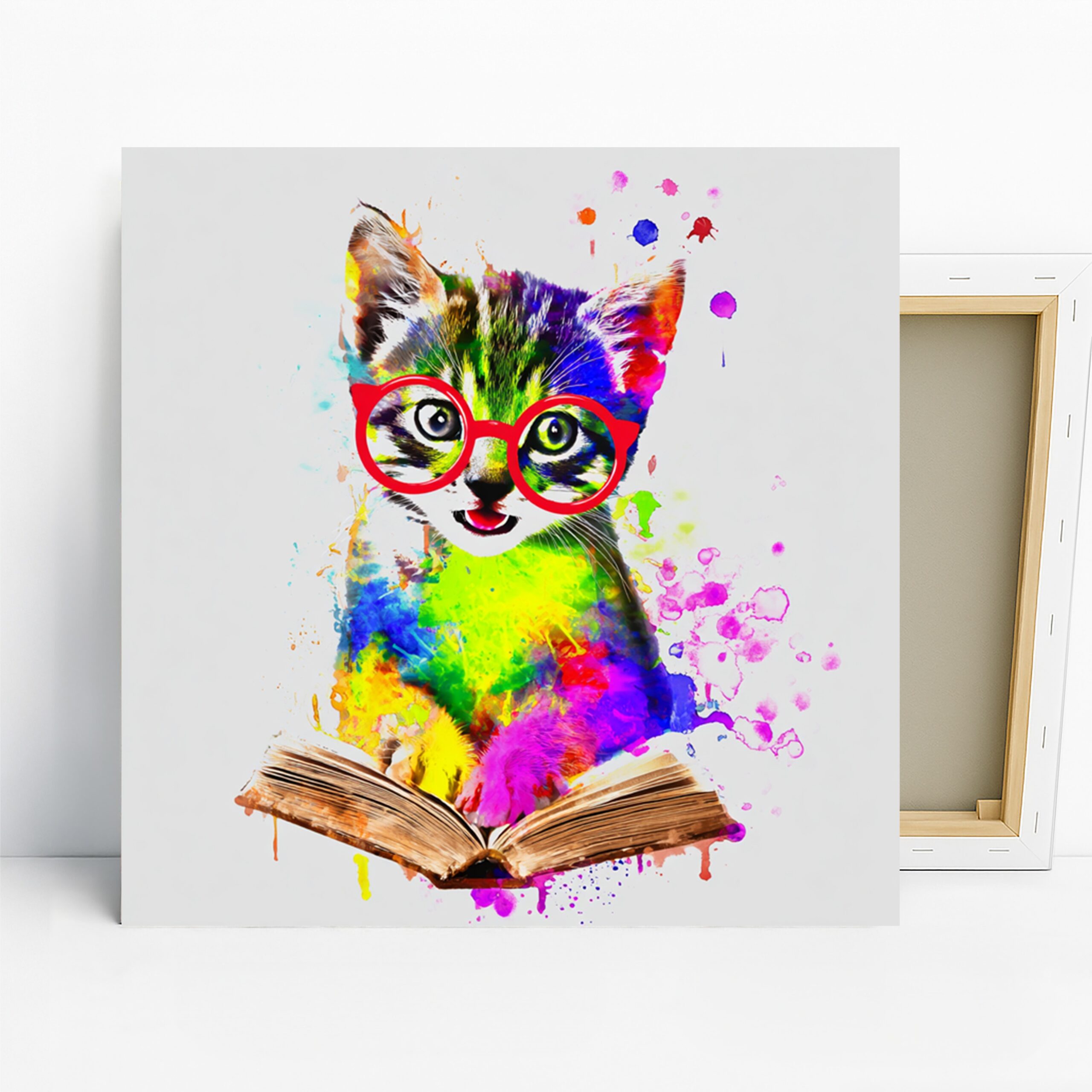 Cat Reading Art, Canvas or Poster, Whimsical Pop Animal Decor, Children Room Office Living Room Library Wall Art, Multicolor Red Blue Green