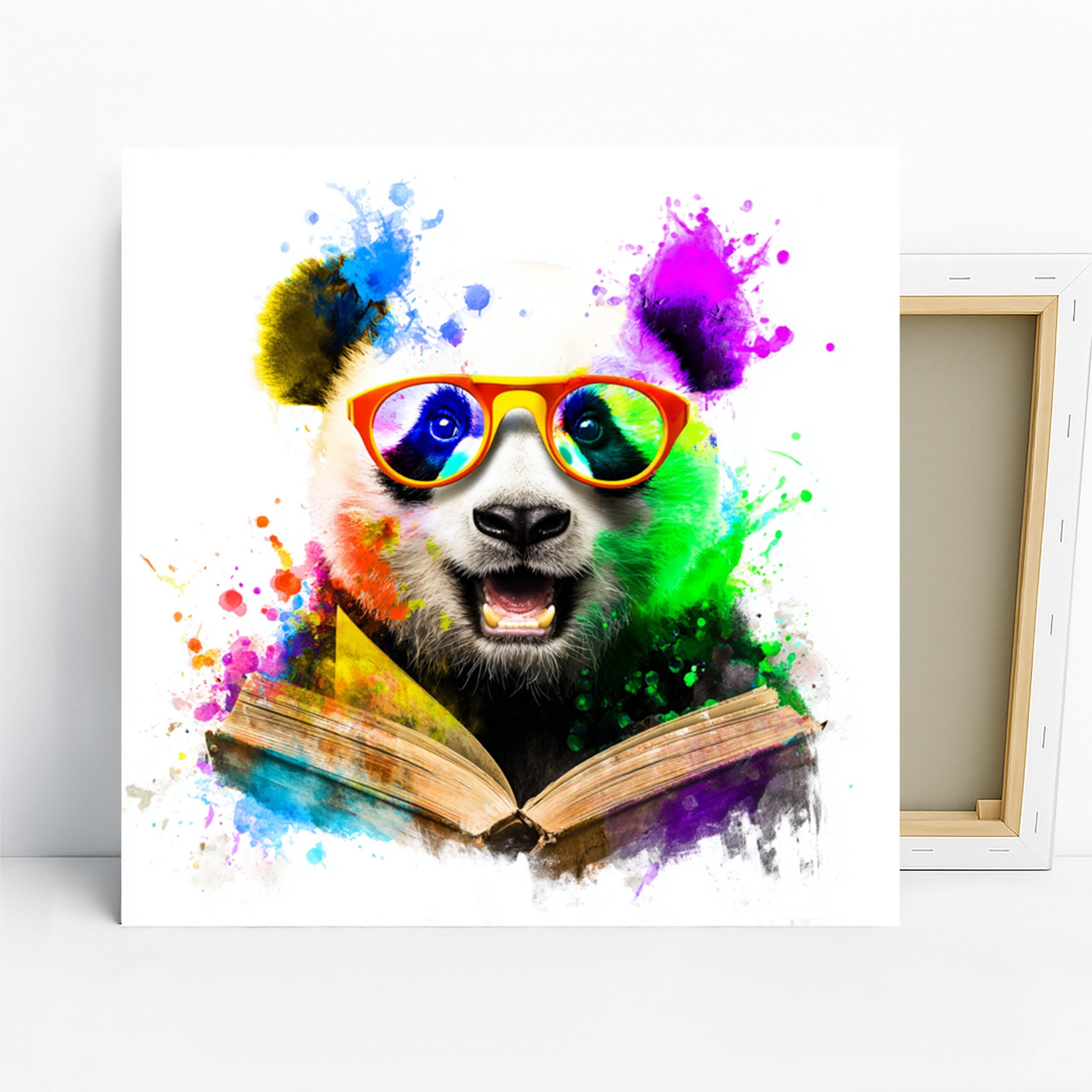 Panda Book Art, Canvas or Poster, Pop Art Eclectic Decor, Living Room Office Children’s Room Wall Art, Multicolor Orange Blue Green