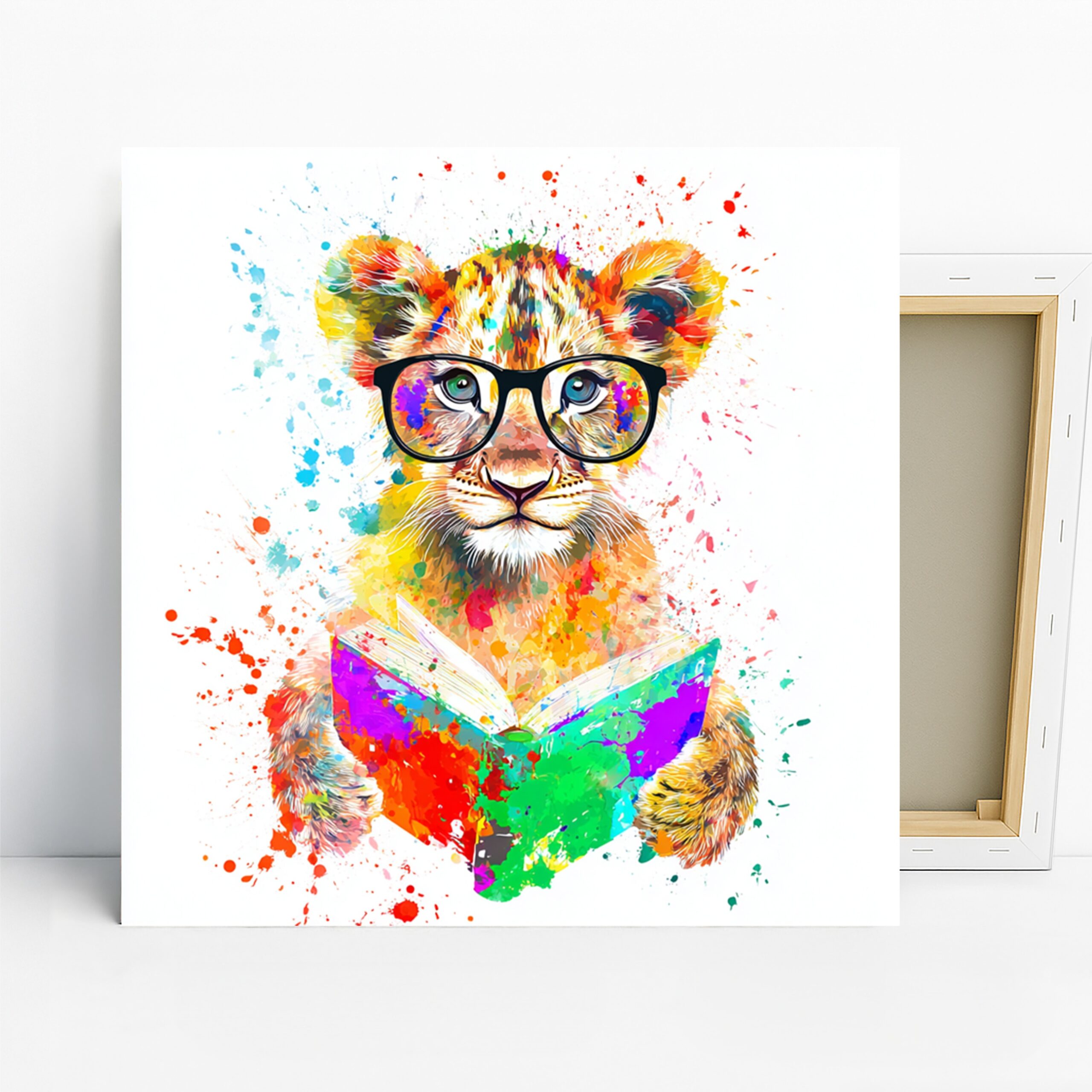 Lion Reading Glasses Art, Canvas or Poster, Whimsical Animal Decor, Office Library Living Room Wall Art, Multicolor Yellow Blue Red