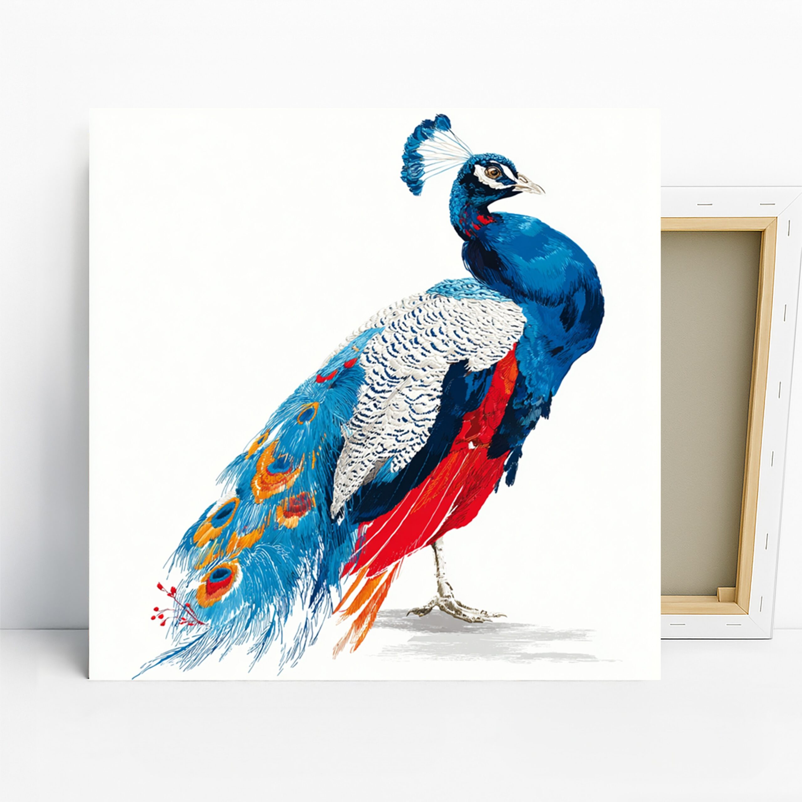 Peacock Art, Canvas or Poster, Contemporary Nature Decor, Living Room Bedroom Office Wall Art, Blue Red Orange and White