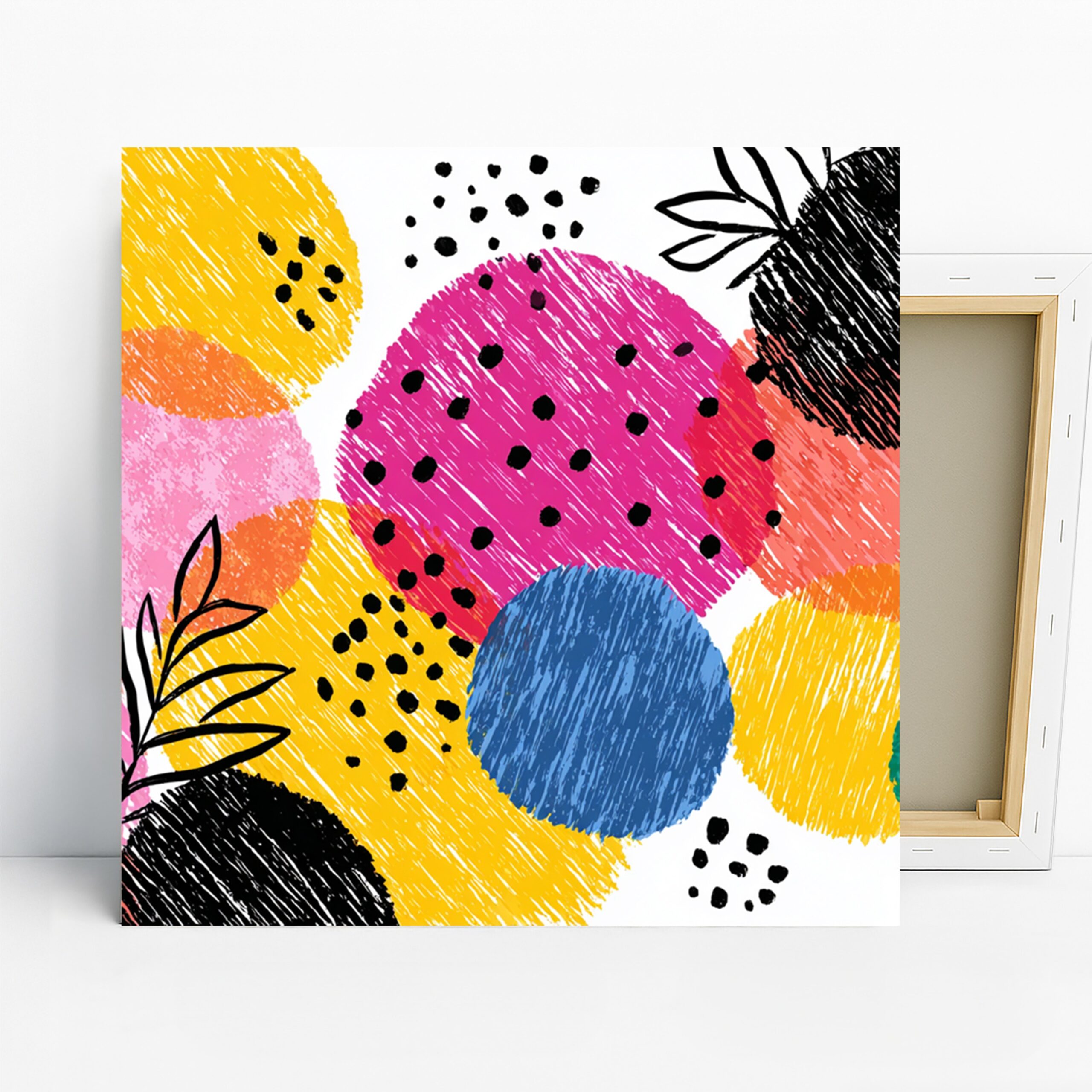 Vibrant Circles Abstract Art, Canvas or Poster, Whimsical Modern Decor, Living Room Bedroom Office Nursery Wall Art, Yellow Pink Blue Black