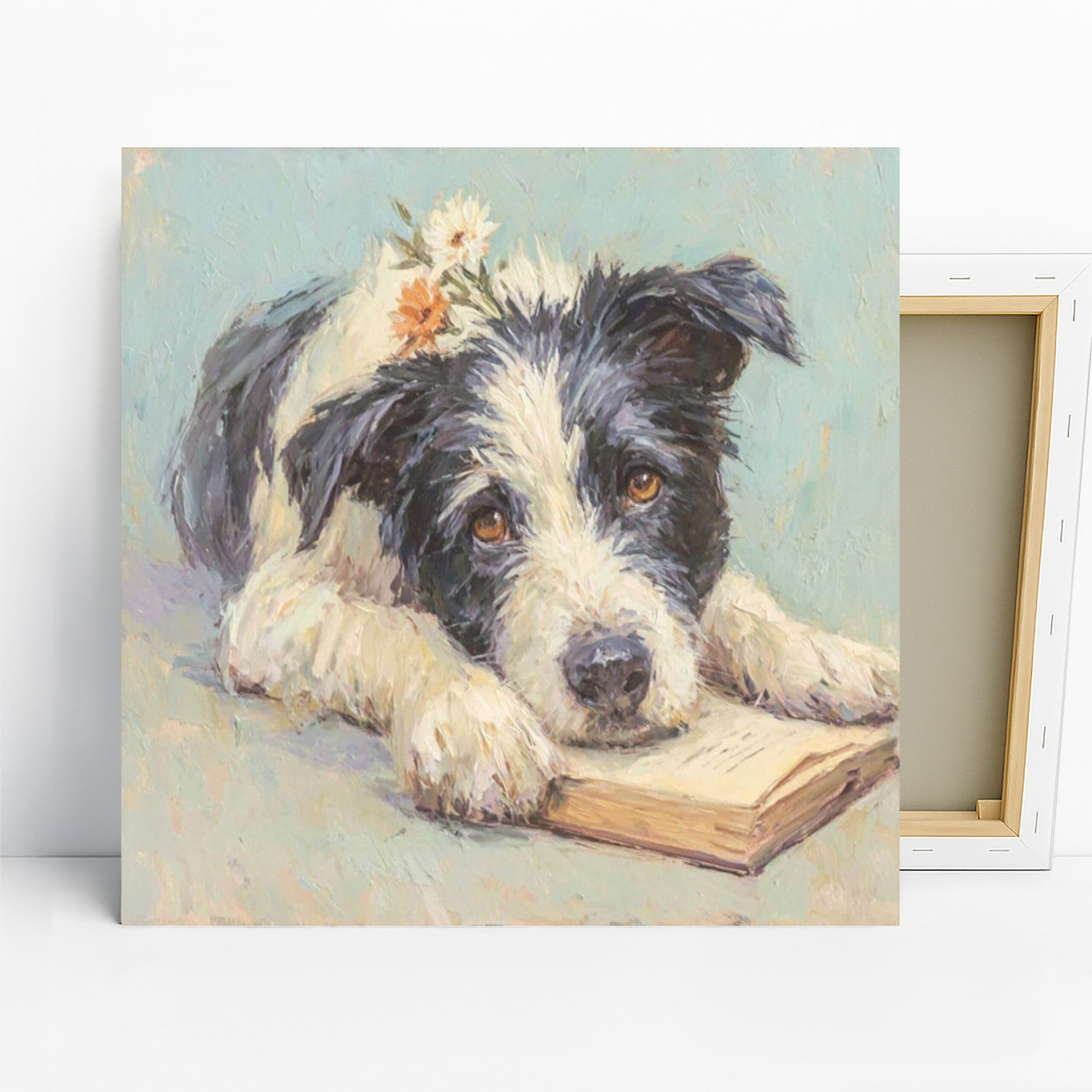 Border Collie Art, Canvas or Poster, Whimsical Farmhouse Decor, Living Room Office Bedroom Children's Room Wall Art, Black White Blue Orange