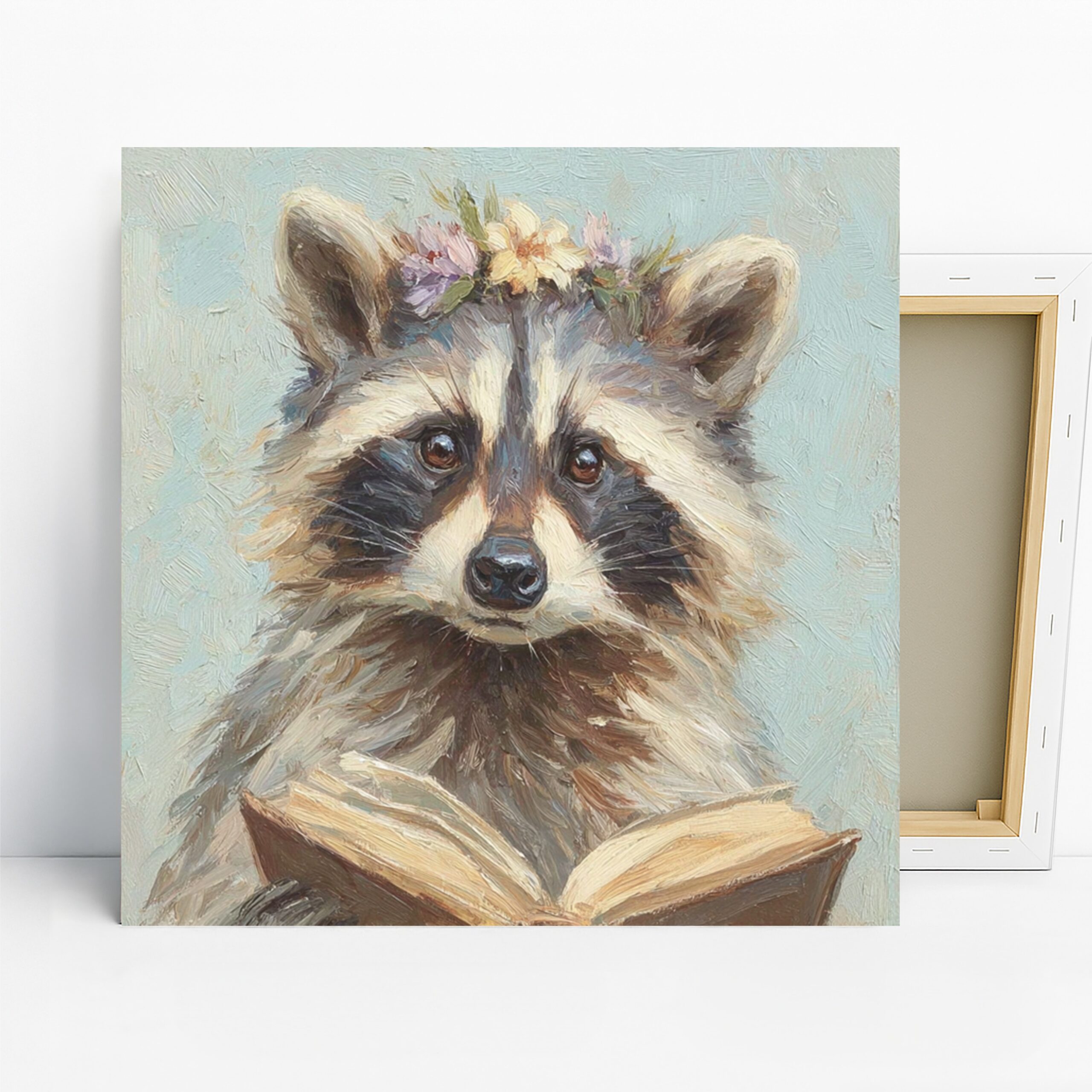 Raccoon Reading Book Art, Canvas or Poster, Whimsical Contemporary Decor, Living Room Bedroom Children Room Wall Art, Brown Blue Green White