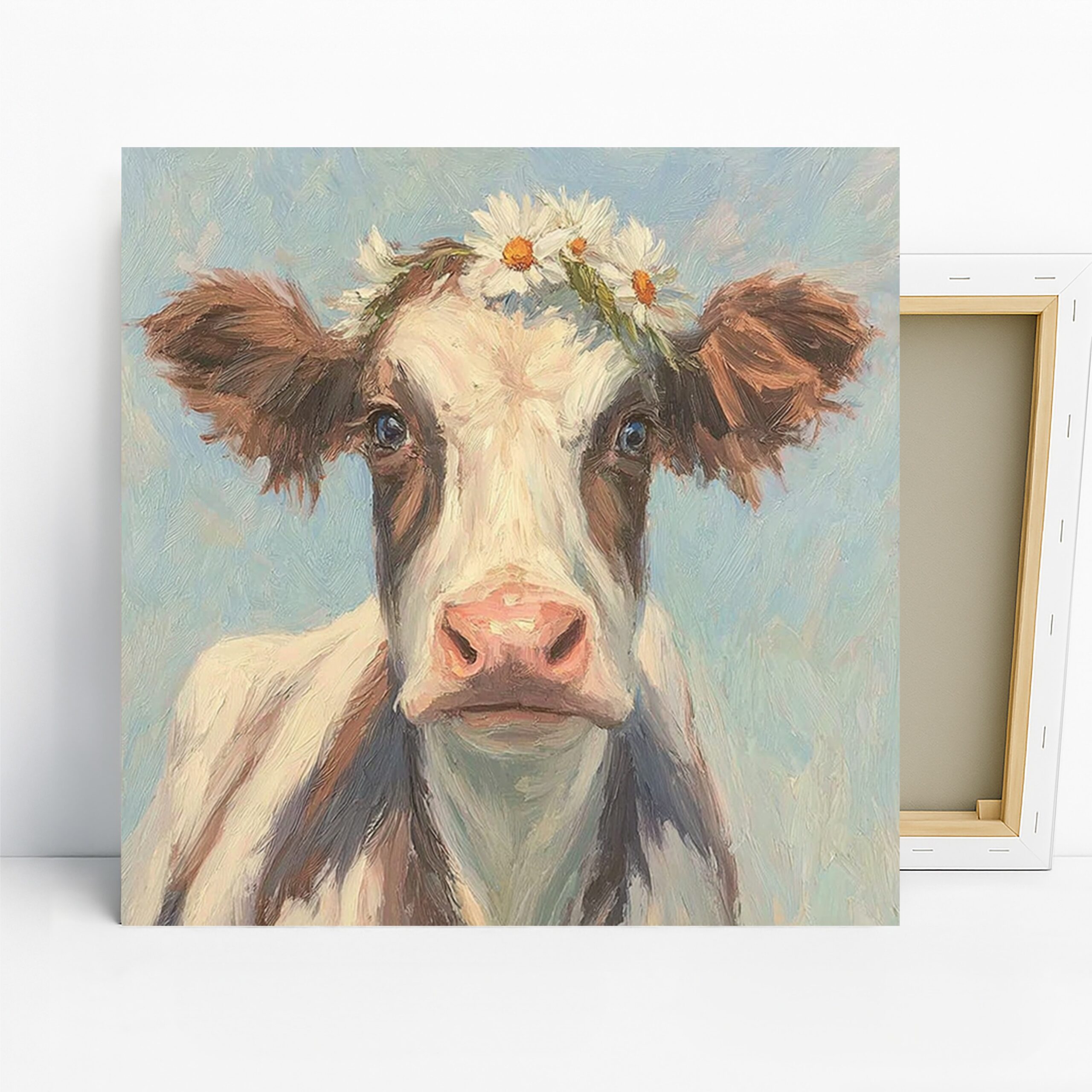 Cow Art, Canvas or Poster, Animal Contemporary Rustic Decor, Living Room Kitchen Dining Room Wall Art, White Brown Blue Green Decor