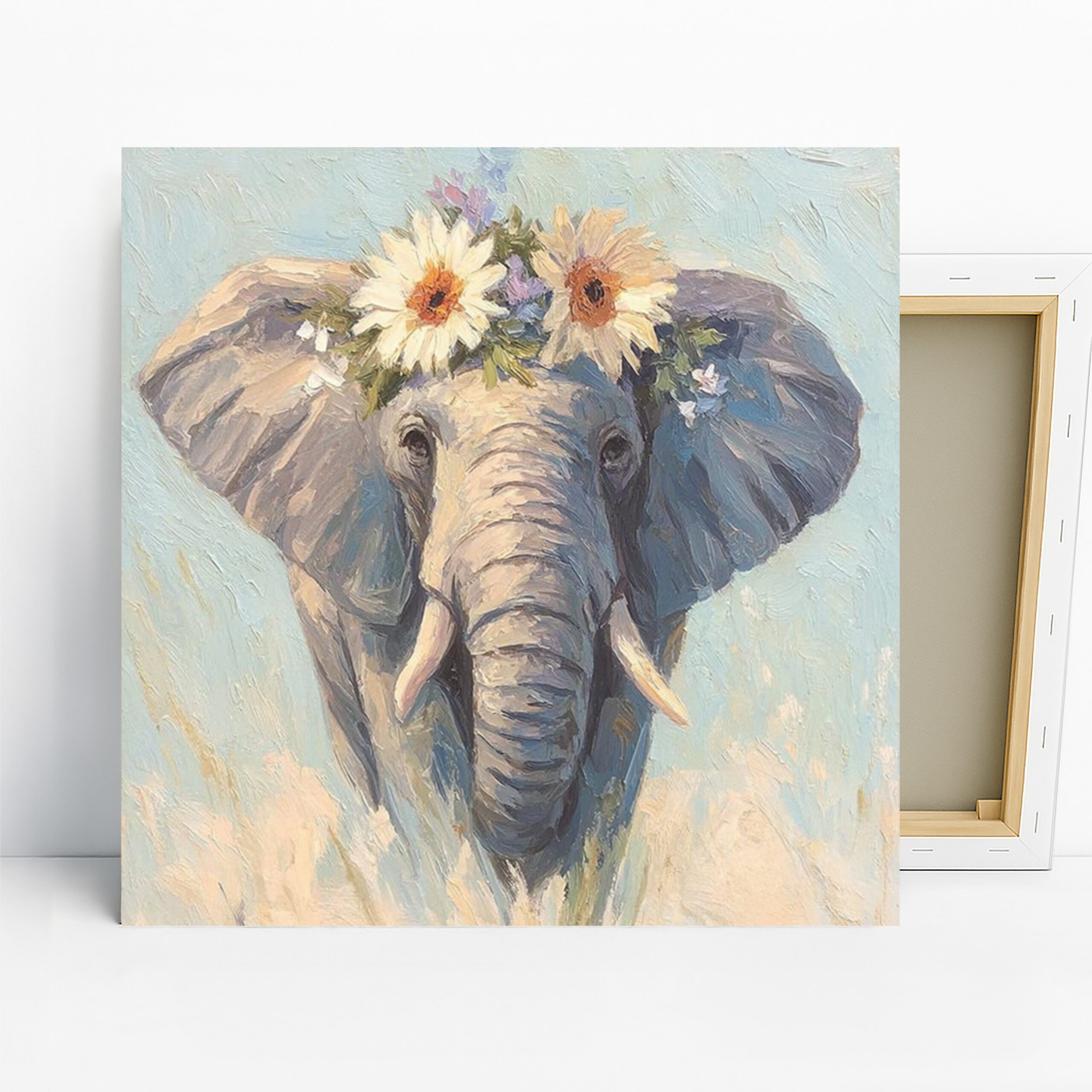 Elephant Flower Crown Art, Canvas or Poster, Whimsical Bohemian Decor, Living Room Bedroom Office Nursery Wall Art, Grey Blue Yellow White