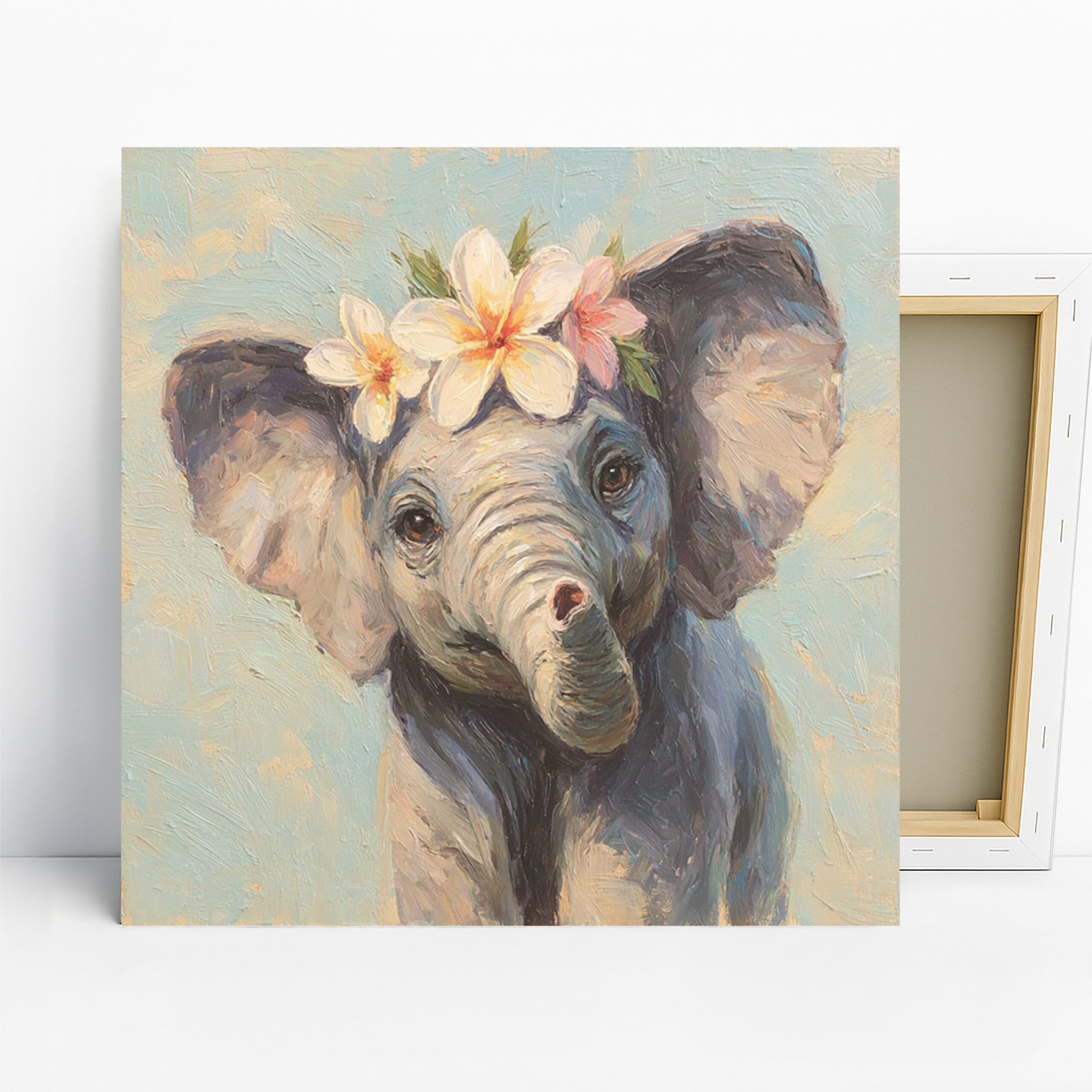 Baby Elephant Flower Art, Canvas or Poster, Whimsical Bohemian Decor, Nursery Living Room Children’s Room Wall Art, Gray Pink White Green