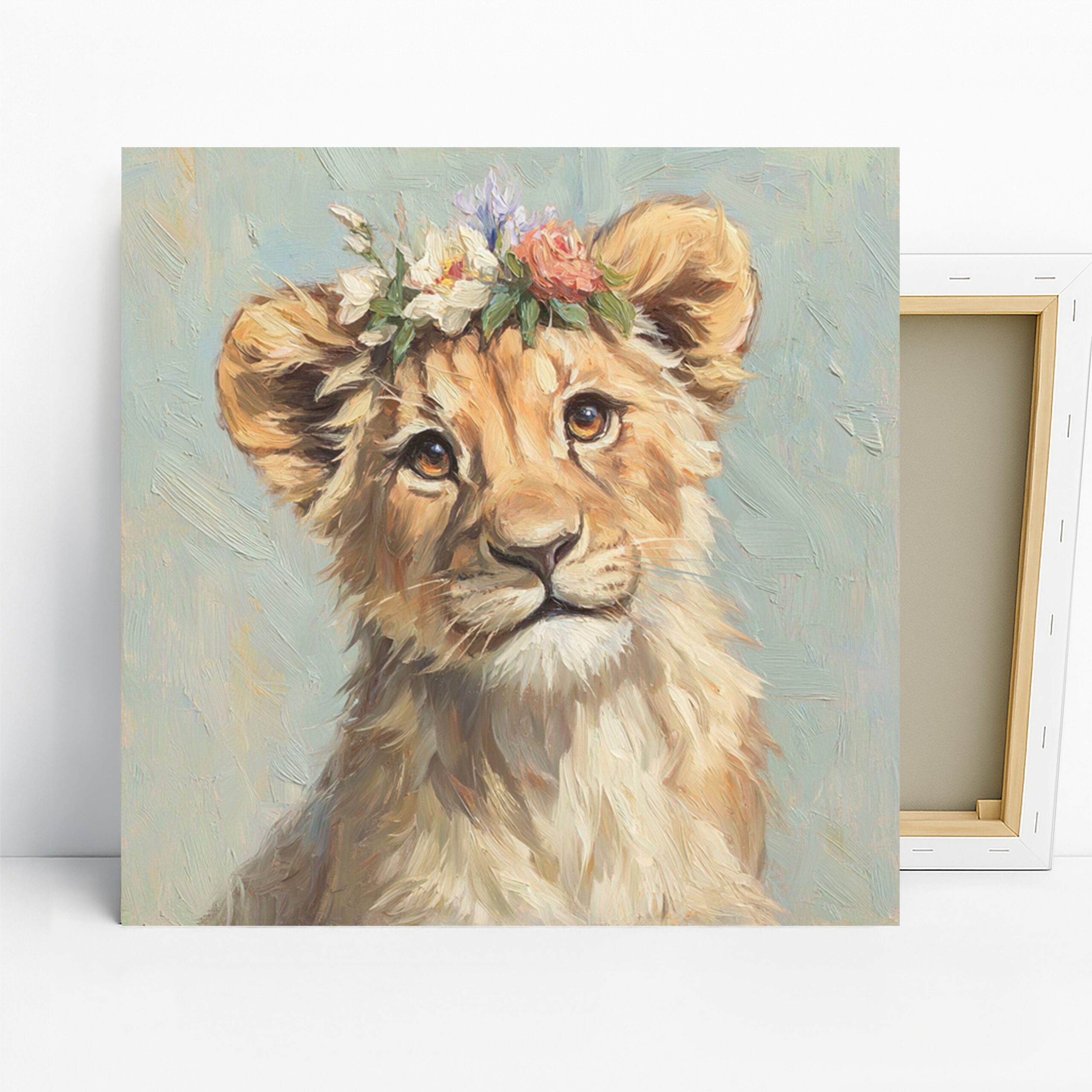 Lion Flower Crown Art, Canvas or Poster, Animal Whimsical Decor, Living Room Nursery Bedroom Office Wall Art, Beige Green Pink White