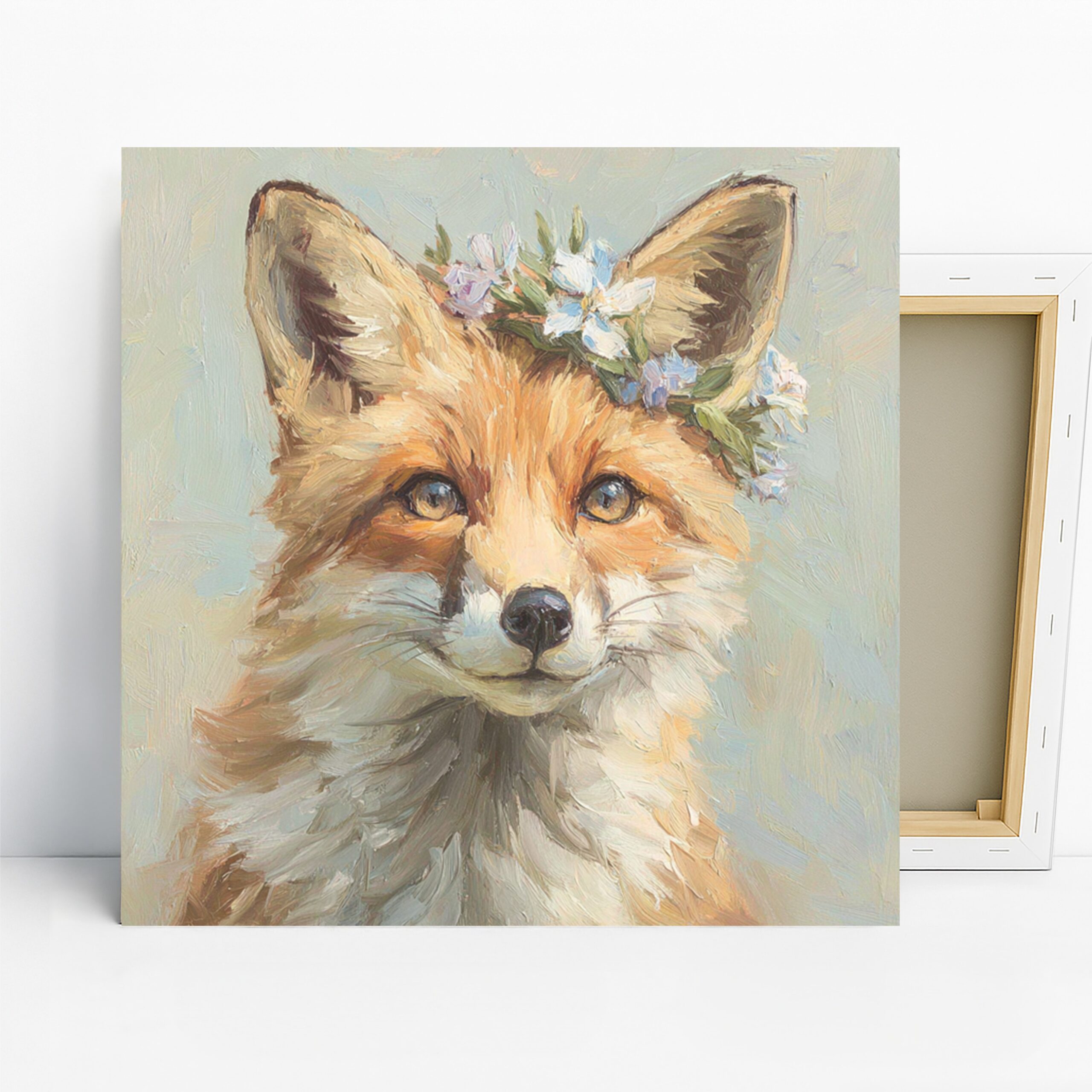 Fox Flower Crown Art, Canvas or Poster, Whimsical Nature Decor, Living Room Bedroom Nursery Office Wall Art, Orange Blue Green and White