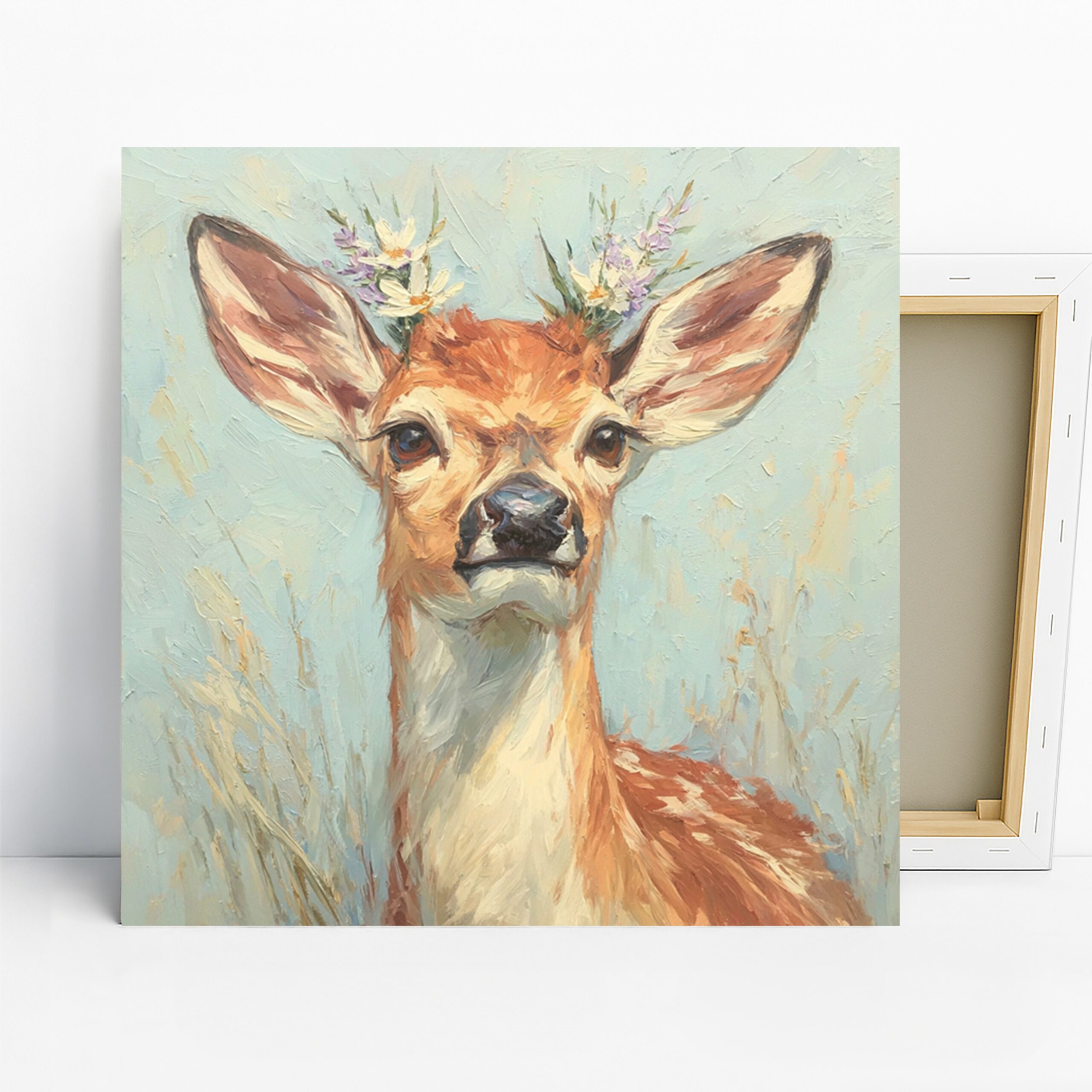 Deer Flower Crown Art, Canvas or Poster, Contemporary Farmhouse Decor, Living Room Bedroom Nursery Office Wall Art, Brown White Blue Green