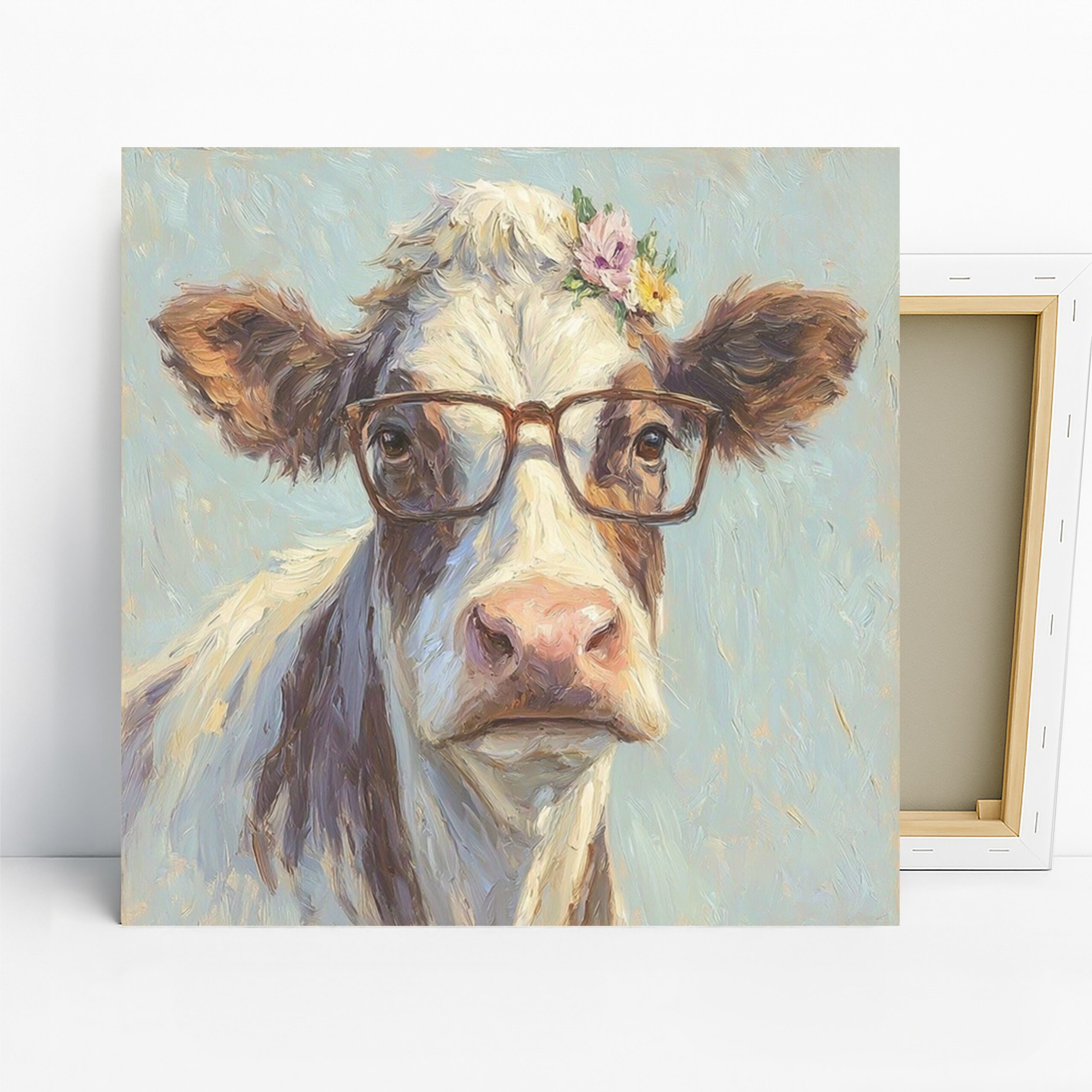 Cow Art, Canvas or Poster, Whimsical Rustic Decor, Kitchen Dining Room Living Room Office Wall Art, Brown White Pink