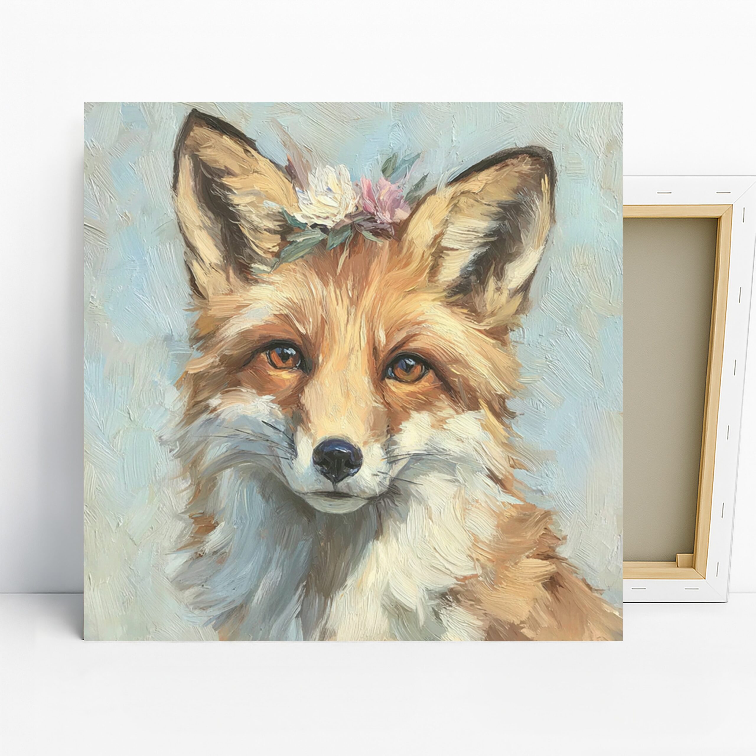 Fox Flower Crown Art, Canvas or Poster, Whimsical Rustic Decor, Living Room Bedroom Wall Art, Orange Brown White Blue, Nature Animal Lovers