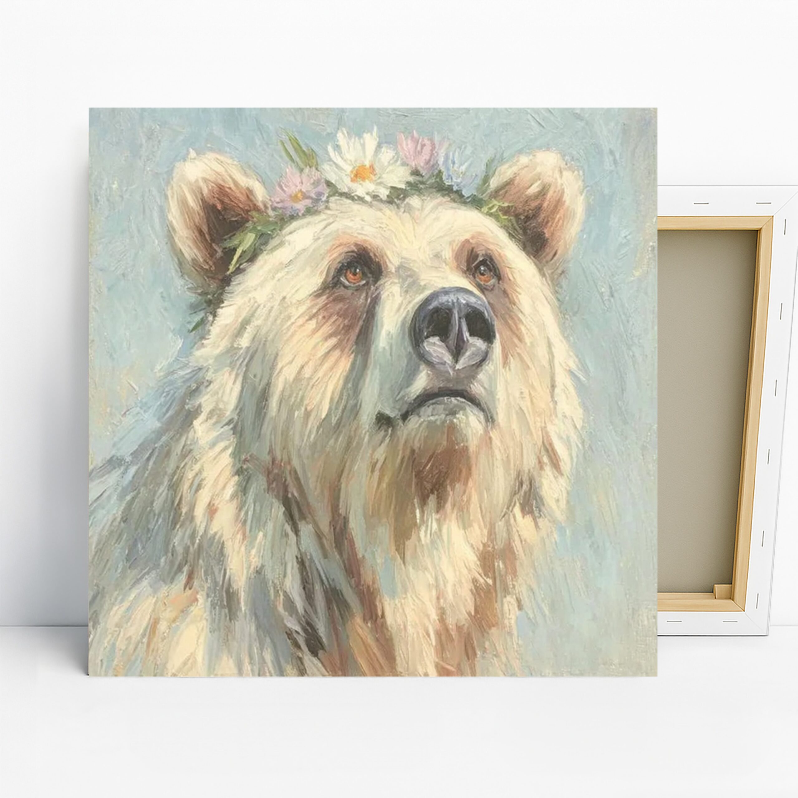 Bear Art, Canvas or Poster, Whimsical Rustic Decor, Living Room Bedroom Nursery Wall Art, White Brown Green Pink Floral Print