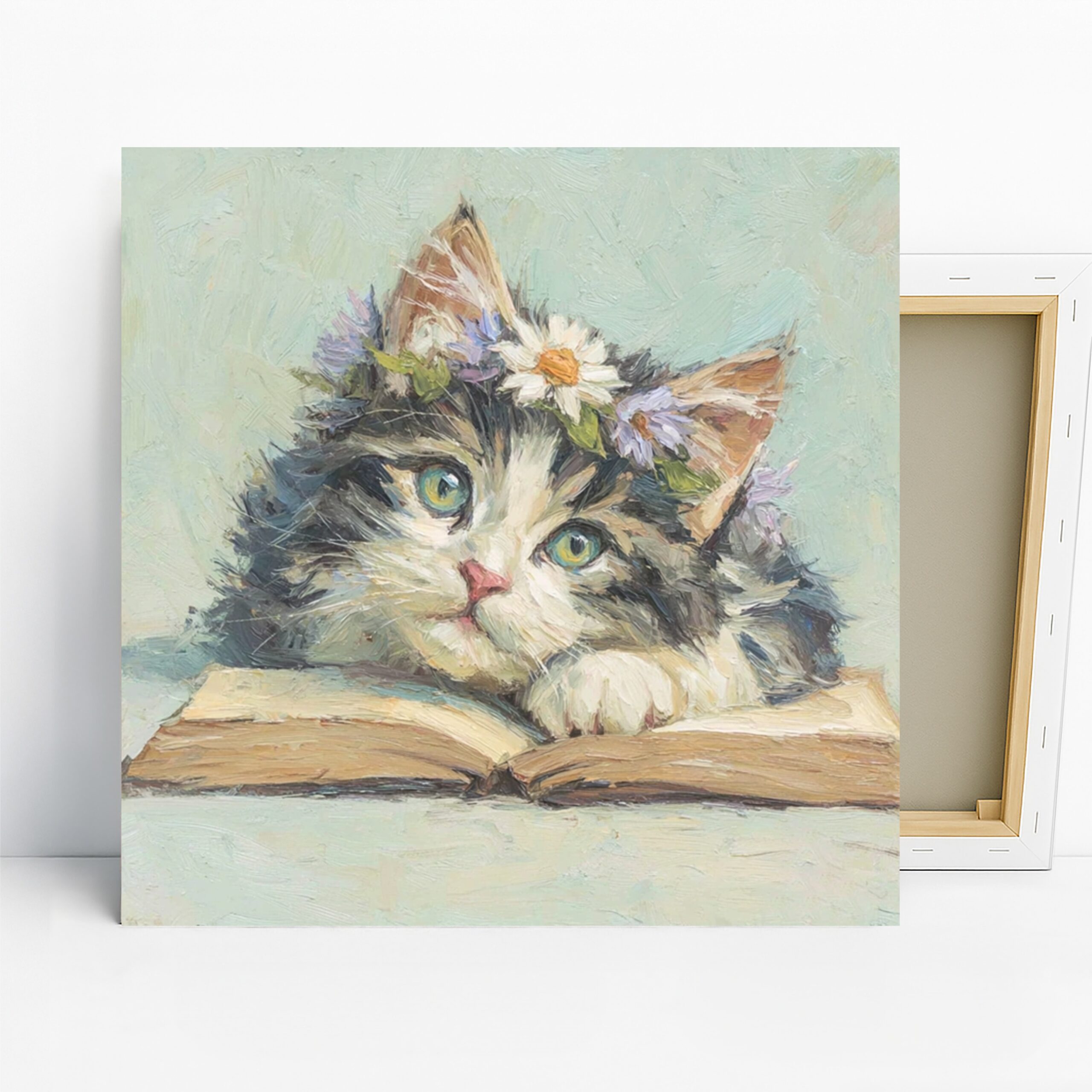 Cat Book Art, Canvas or Poster, Whimsical Rustic Decor, Library Office Children’s Room Wall Art, White Green Brown Blue, Cat Lover Gift