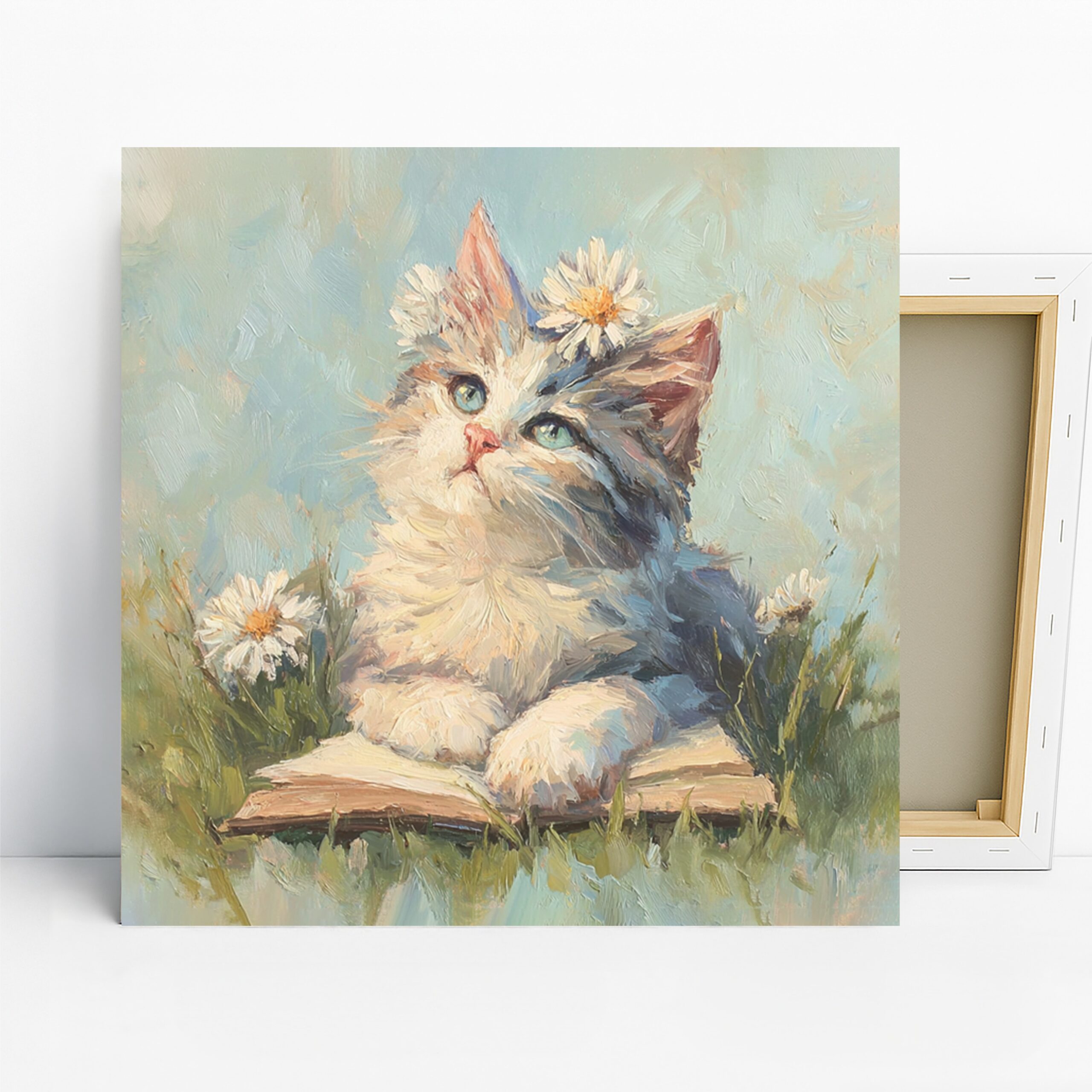 Kitten Daisy Art, Canvas or Poster, Whimsical Rustic Decor, Children’s Room Bedroom Nursery Wall Art, White Blue Green Pink