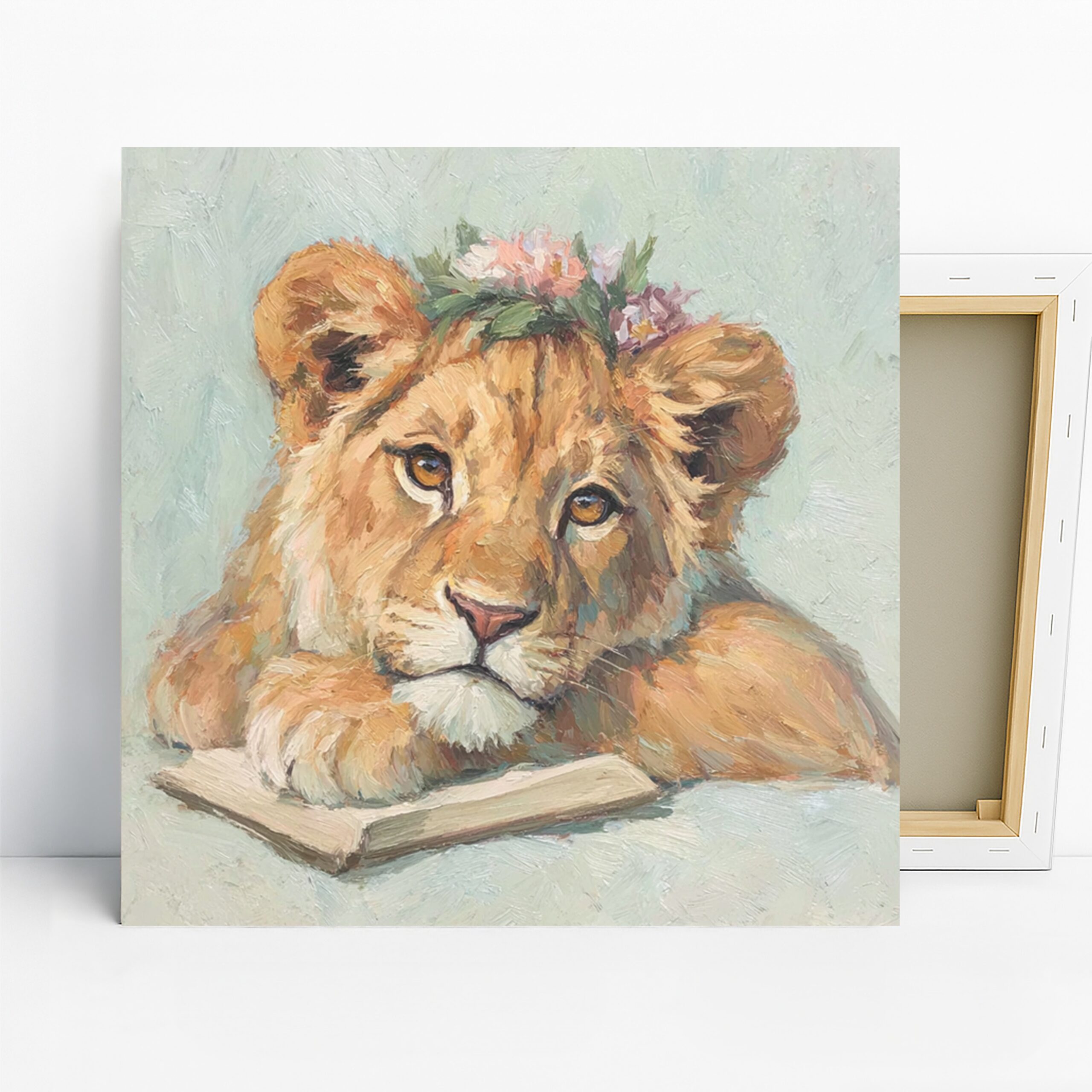 Lion Book Art, Canvas or Poster, Whimsical Contemporary Decor, Living Room Bedroom Office Children’s Room Wall Art, Brown Green Pink White