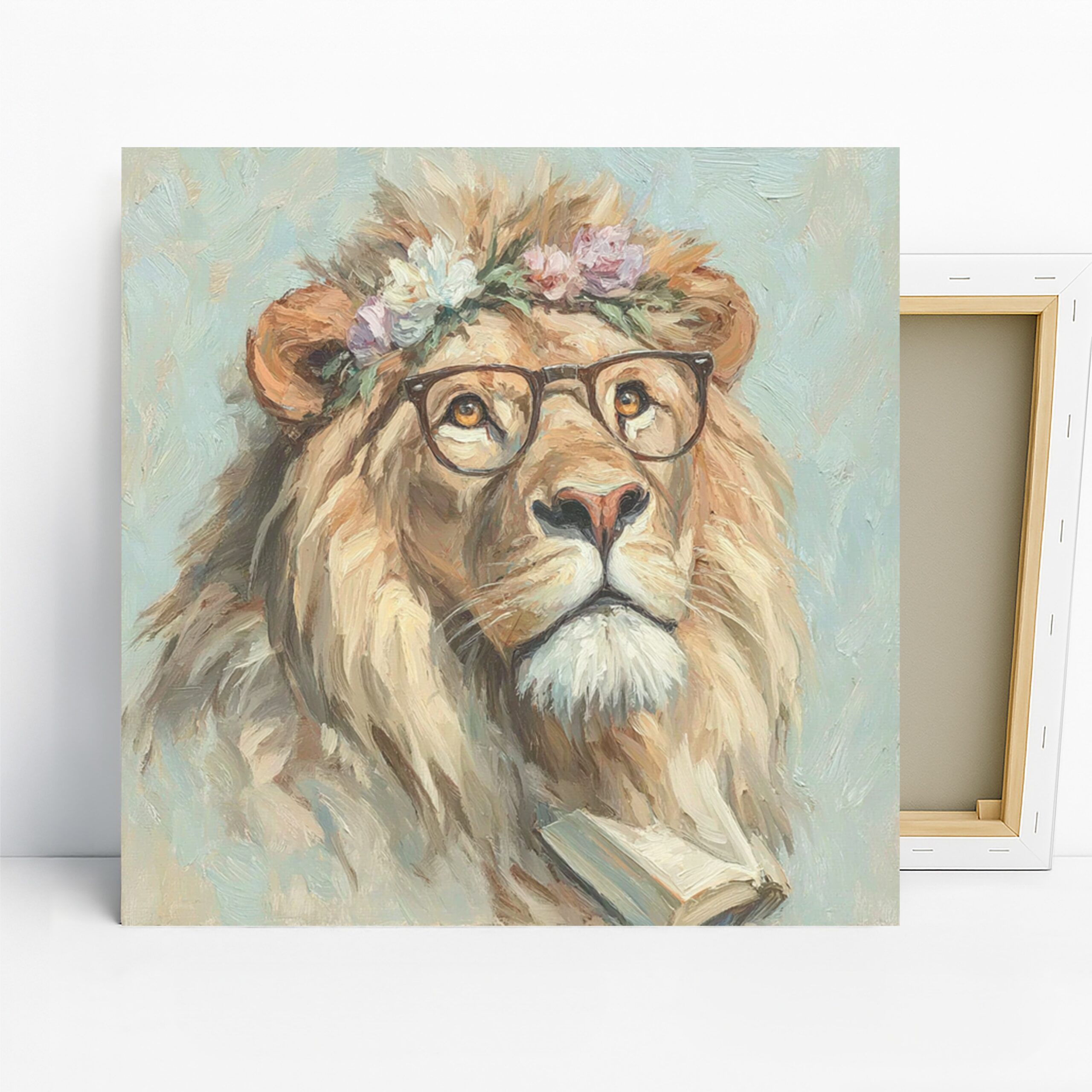 Lion Book Glasses Art, Canvas or Poster, Whimsical Animal Decor, Library Office Living Room Bedroom Wall Art, Brown White Green Pink