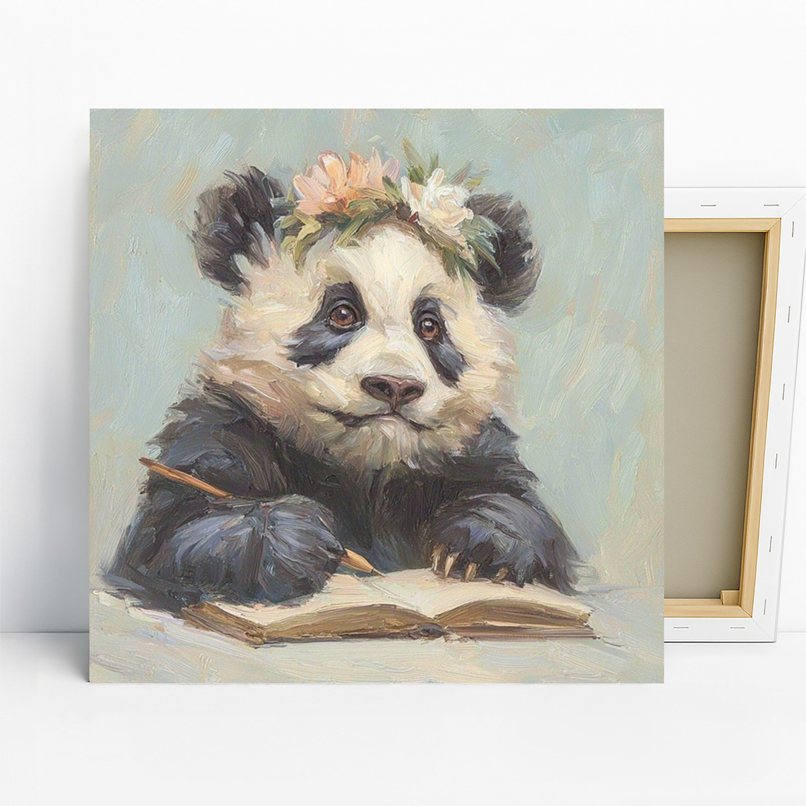 Panda Book Art, Canvas or Poster, Whimsical Modern Decor, Children’s Room Office Living Room Bedroom Wall Art, Black White Green Pink