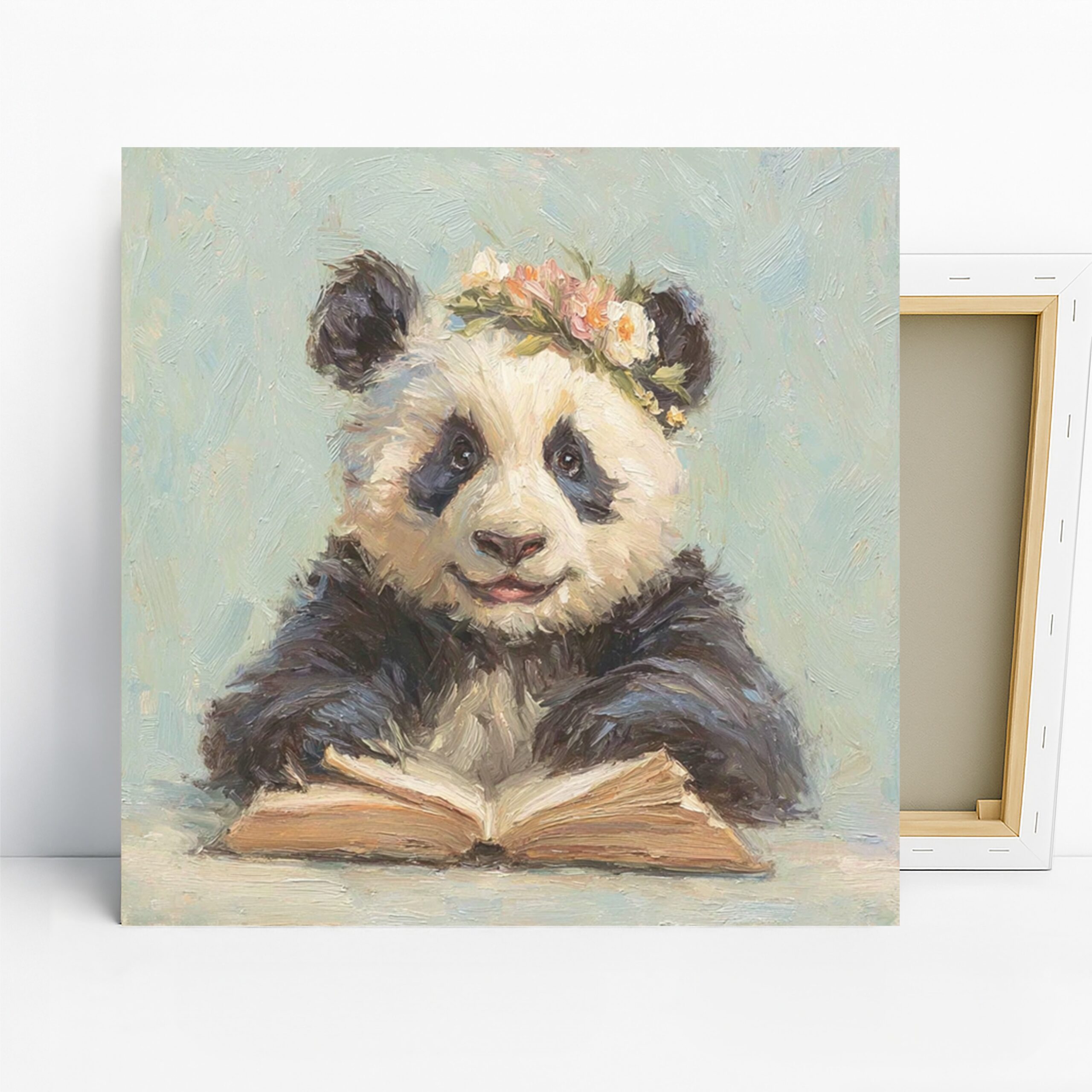 Panda Book Art, Canvas or Poster, Whimsical Contemporary Decor, Library Office Children's Room Wall Art, Black White Pink Green