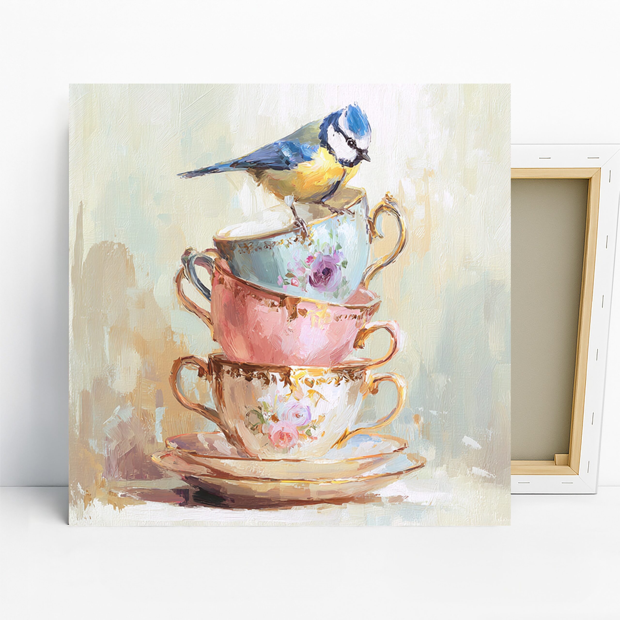 Blue Tit Art, Canvas or Poster, Whimsical Vintage Decor, Dining Room Kitchen Living Room Sunroom Wall Art, Blue Pink Yellow White