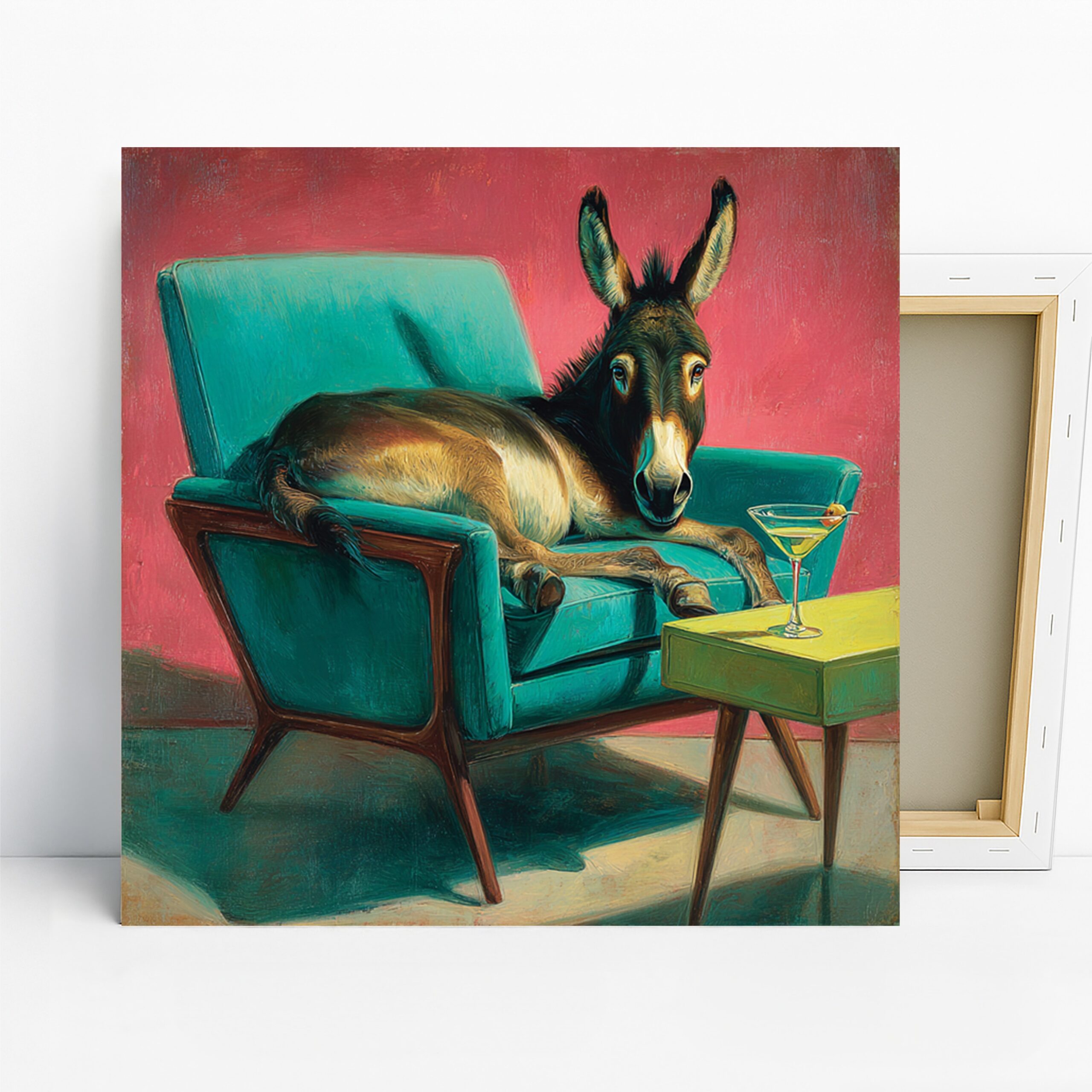 Donkey Art, Canvas or Poster, Whimsical Retro Decor, Living Room Office Bedroom Wall Art, Teal Pink Brown Yellow, Quirky Animal Print