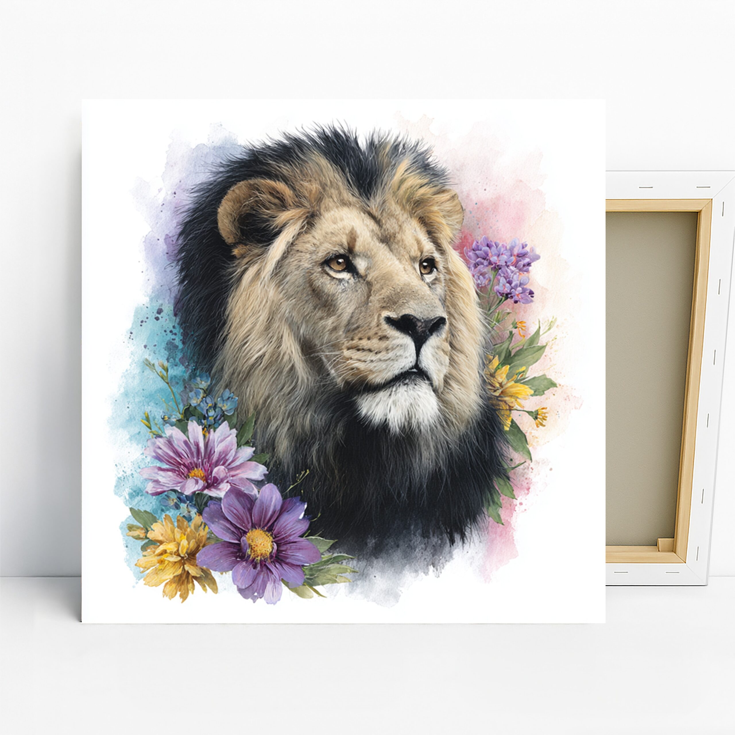 Lion Flower Art, Canvas or Poster, Animal Nature Contemporary Decor, Living Room Bedroom Dining Room Wall Art, Brown Purple Yellow Black